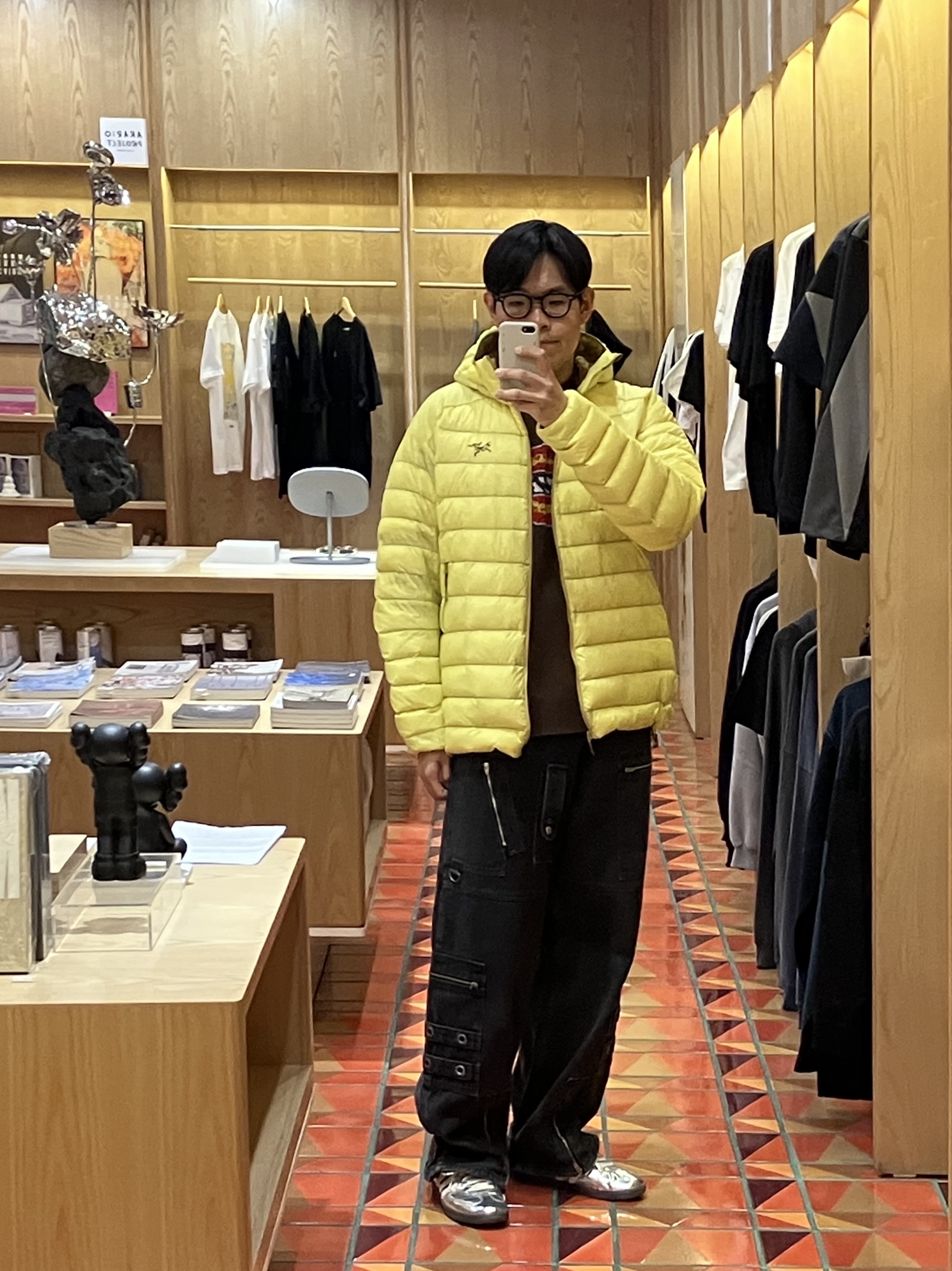 Arc'teryx Cerium Hoody Oracle, Project G/R Flight Denim Pants Black 착용 스타일