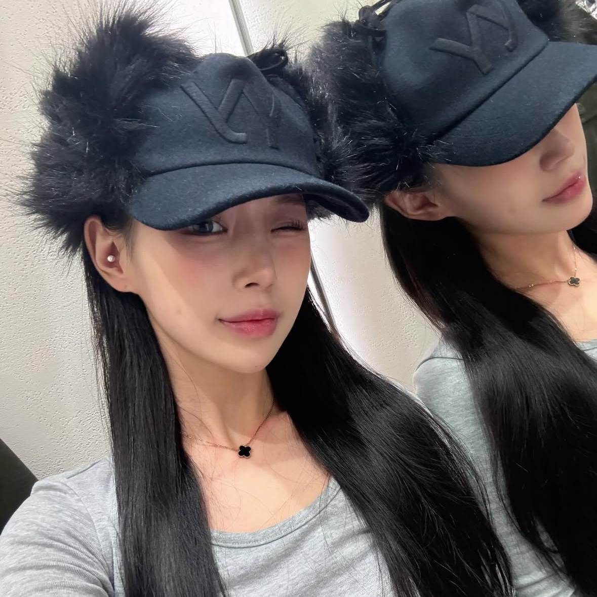 Open Yy Faux Fur Earflap Cap Navy 착용 스타일 - 2