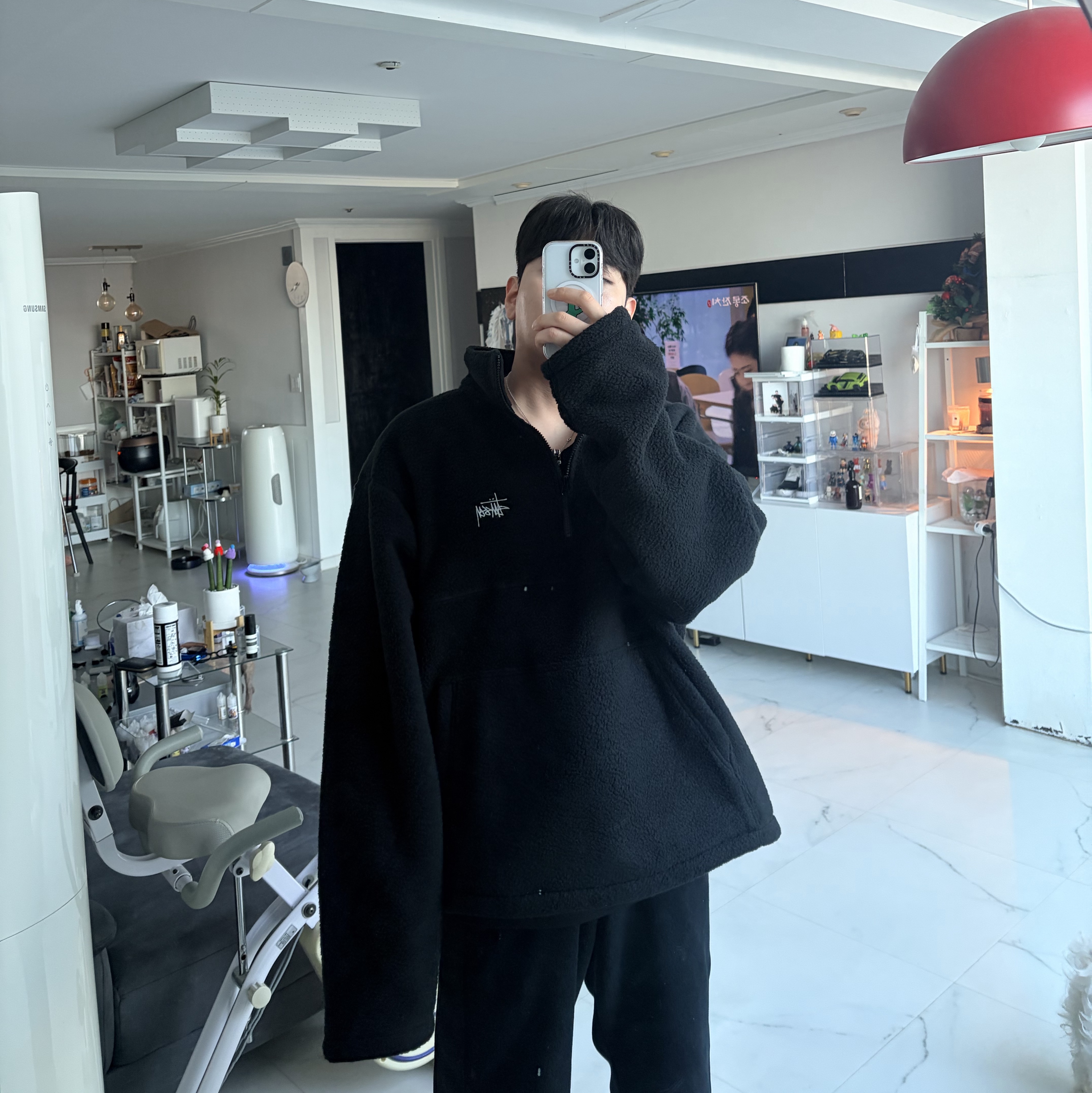 Stussy Half Zip Mock Neck Black, Uniqlo x Needles Fleece Wide Pants Black - KR 착용 스타일 - 1