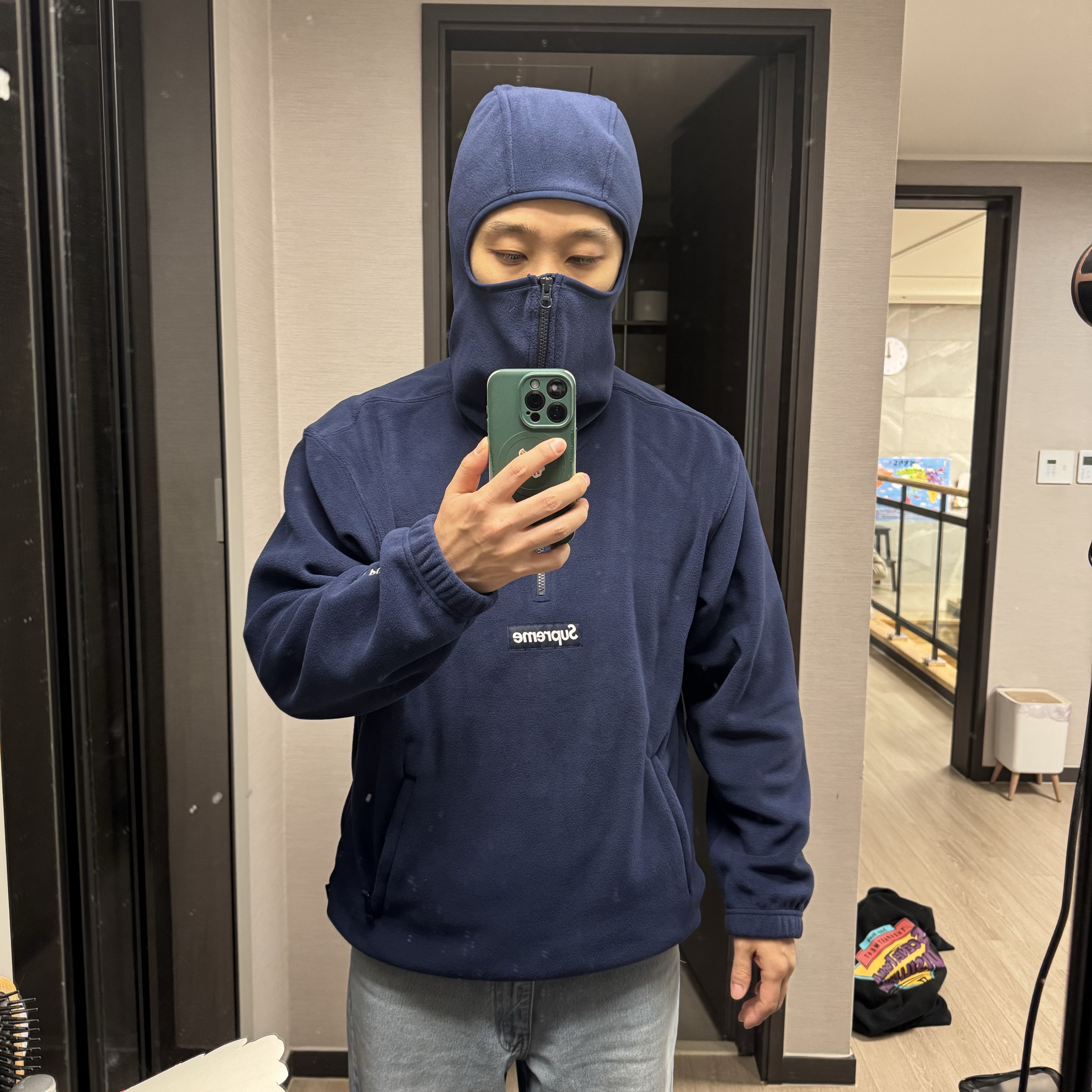 Supreme Polartec Face Mask Half Zip Hooded Sweatshirt Navy - 25FW 착용 스타일 - 1