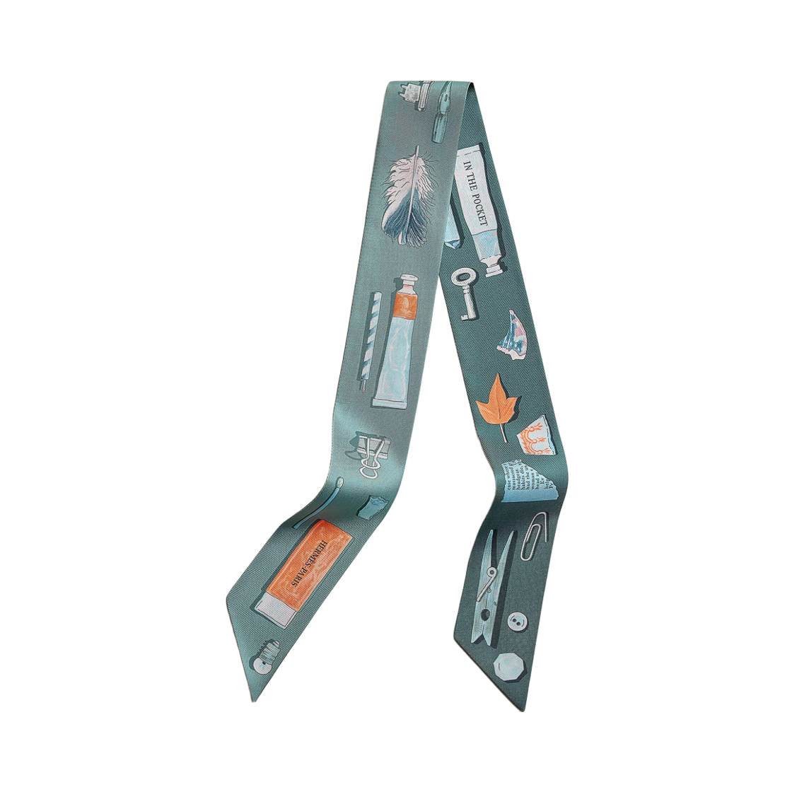 H062340S05 (W) Hermes In the Pocket Twilly Vert De Gris Bleu Ciel Abricot