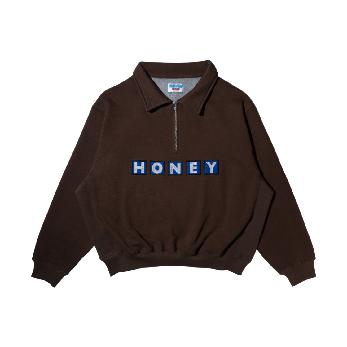 허니스쿱하우스 SQ 로고 쿼터 집 풀오버 브라운(Honey Scoop House SQ Logo Quarter Zip Pullover Brown)