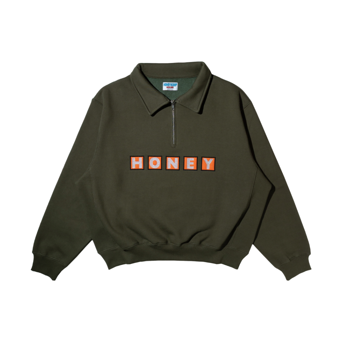 허니스쿱하우스 SQ 로고 쿼터 집 풀오버 올리브(Honey Scoop House SQ Logo Quarter Zip Pullover Olive)