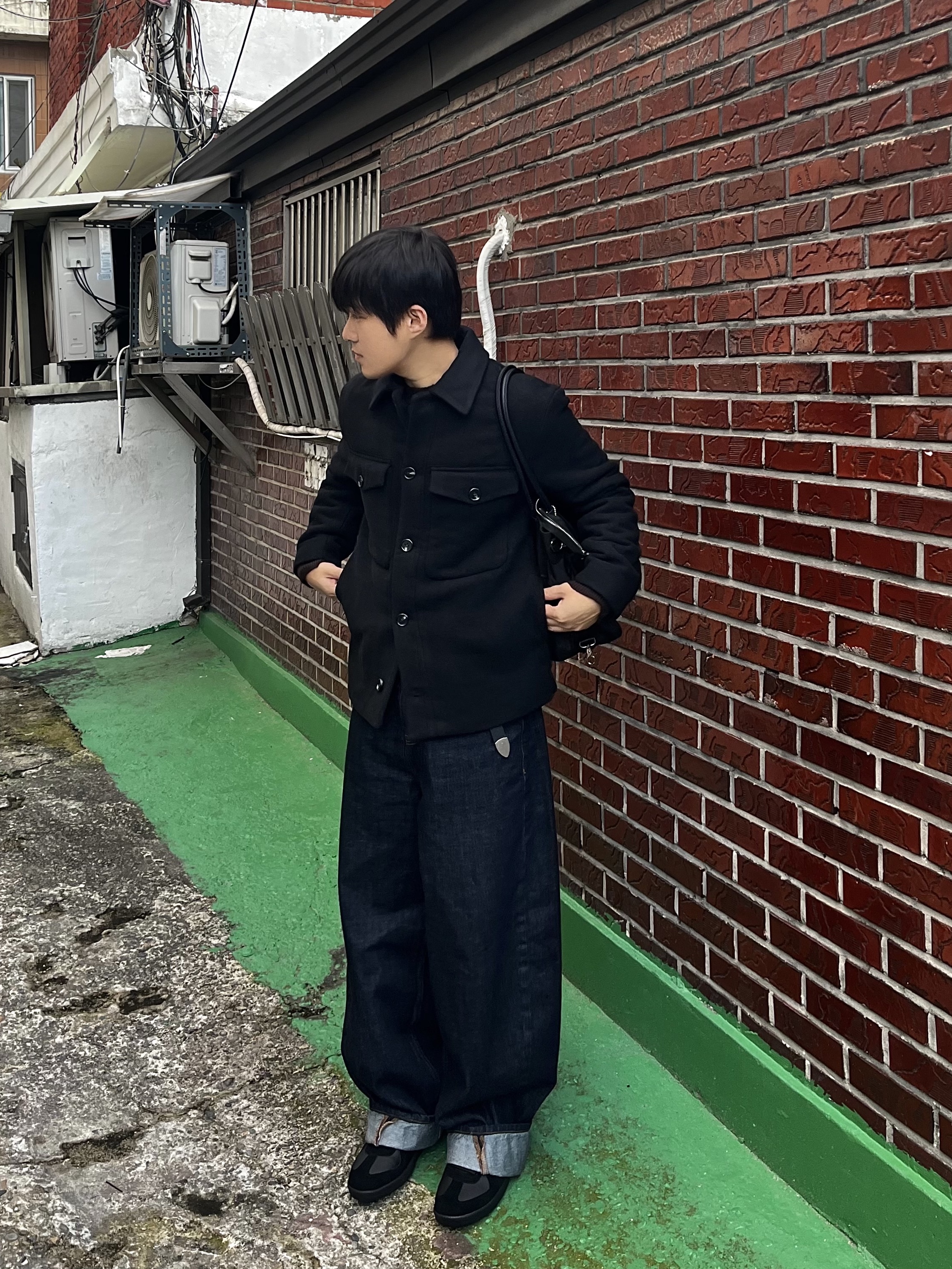 noun Wide Curved Denim Pants One Washed 착용 스타일 - 1