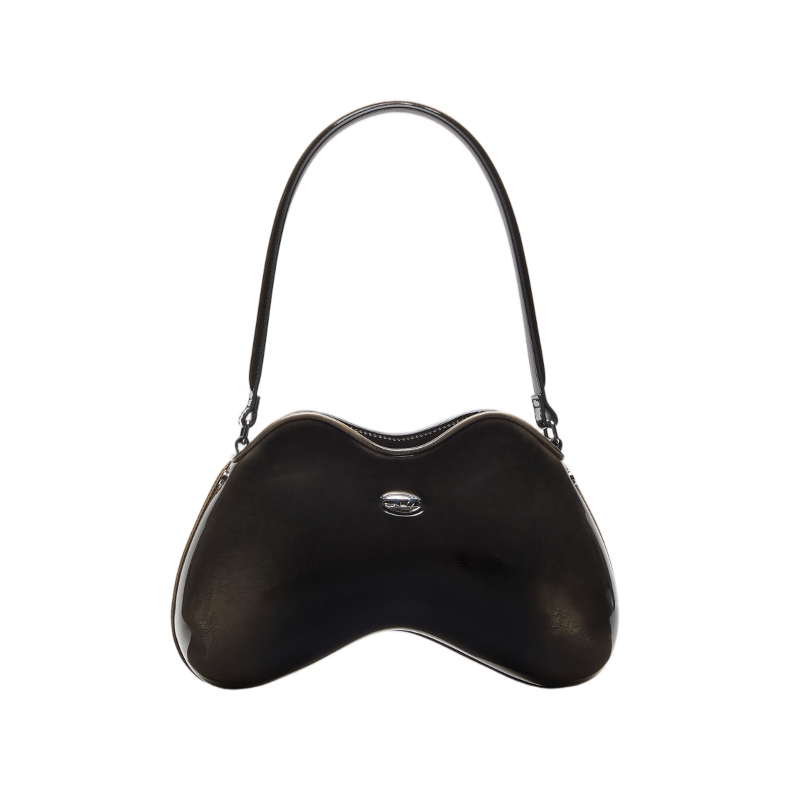 디젤 더블-D-리지드 숄더백 디그레이드 글로시 PU 버건디(Diesel Double-D-Rigid Shoulder Bag In Degrade Glossy PU Burgundy)