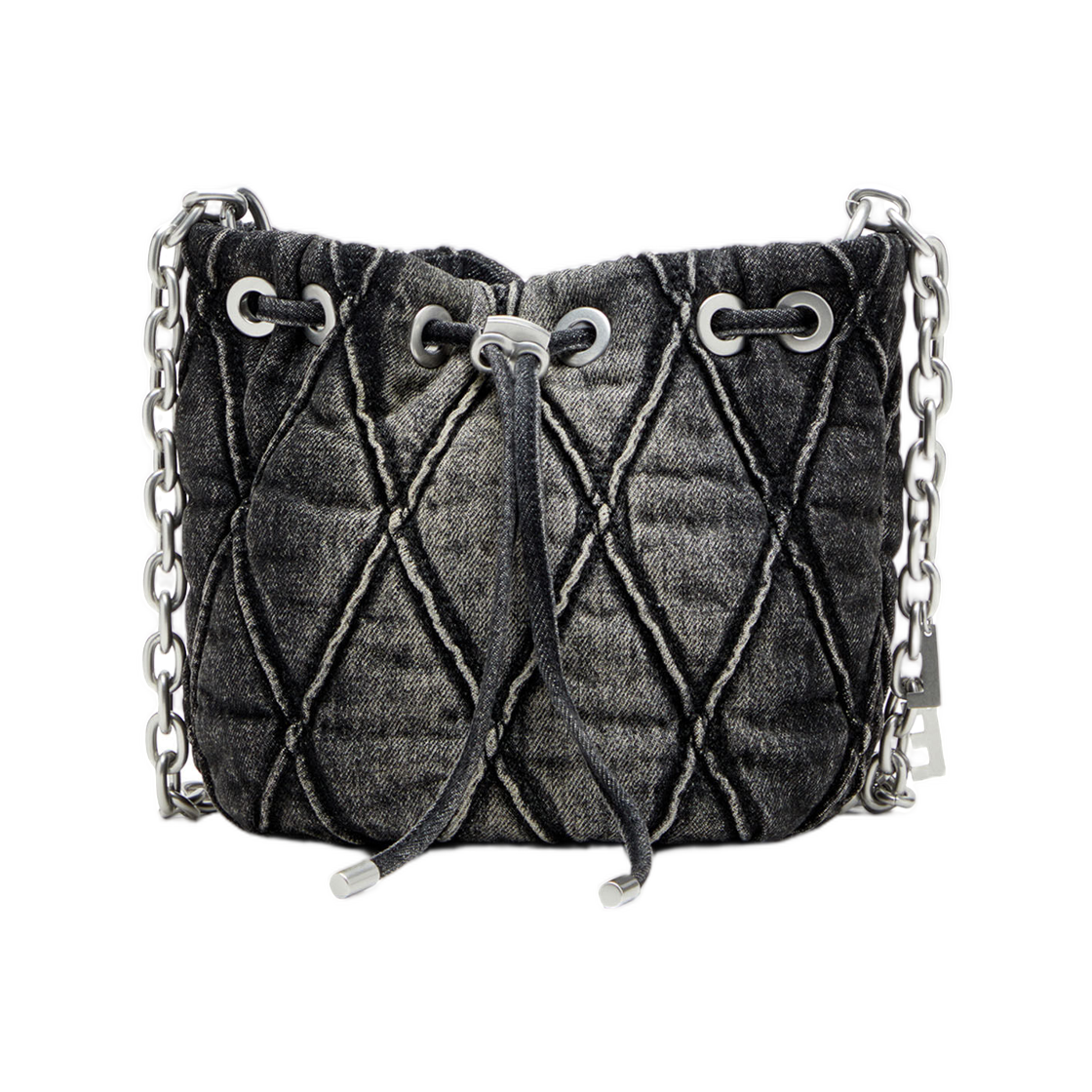 디젤 참-D S-미니버킷백 트리티드 퀼티드 데님 블랙(Diesel Charm-D S-Mini Bucket Bag In Treated Quilted Denim Black)