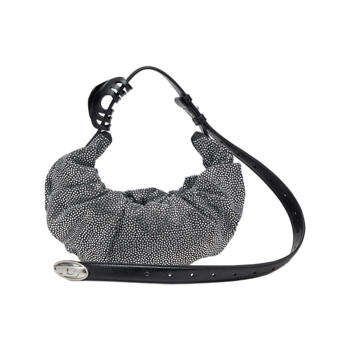 디젤 그랩-D S-스몰 스크런치드 호보백 크리스탈 데님 블랙(Diesel Grab-D S-Small Scrunched Hobo Bag In Crystal Denim Black)
