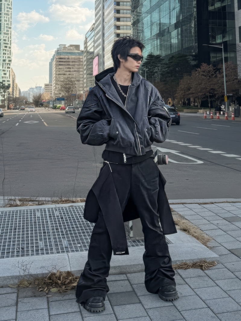 ROARINGRAD Washed Hooded Bomber Ash Black, ROARINGRAD Shirt Zipper Flare Pants Black 착용 스타일