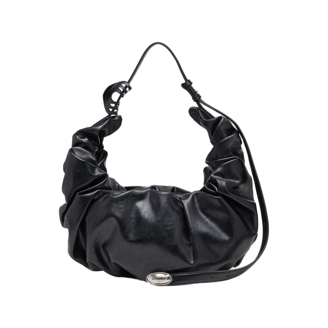 디젤 그랩-D L-라지 스크런치드 호보백 샤이니 PU 블랙(Diesel Grab-D L-Large Scrunched Hobo Bag In Shiny PU Black)