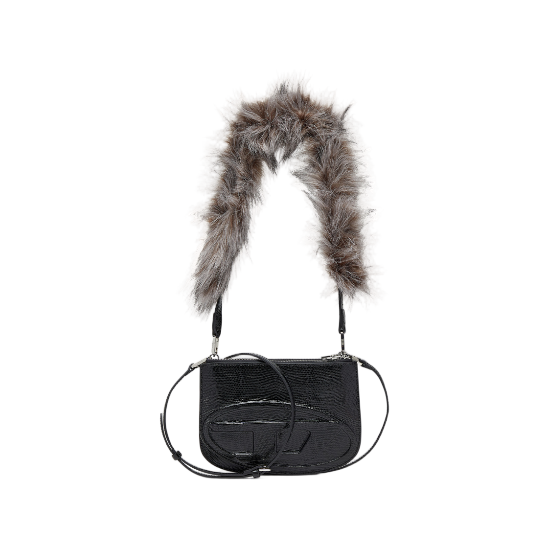 X10330P8631-T8013 Diesel 1DR Twin-Double-Pouch Shoulder Bag In Embossed Leather Black