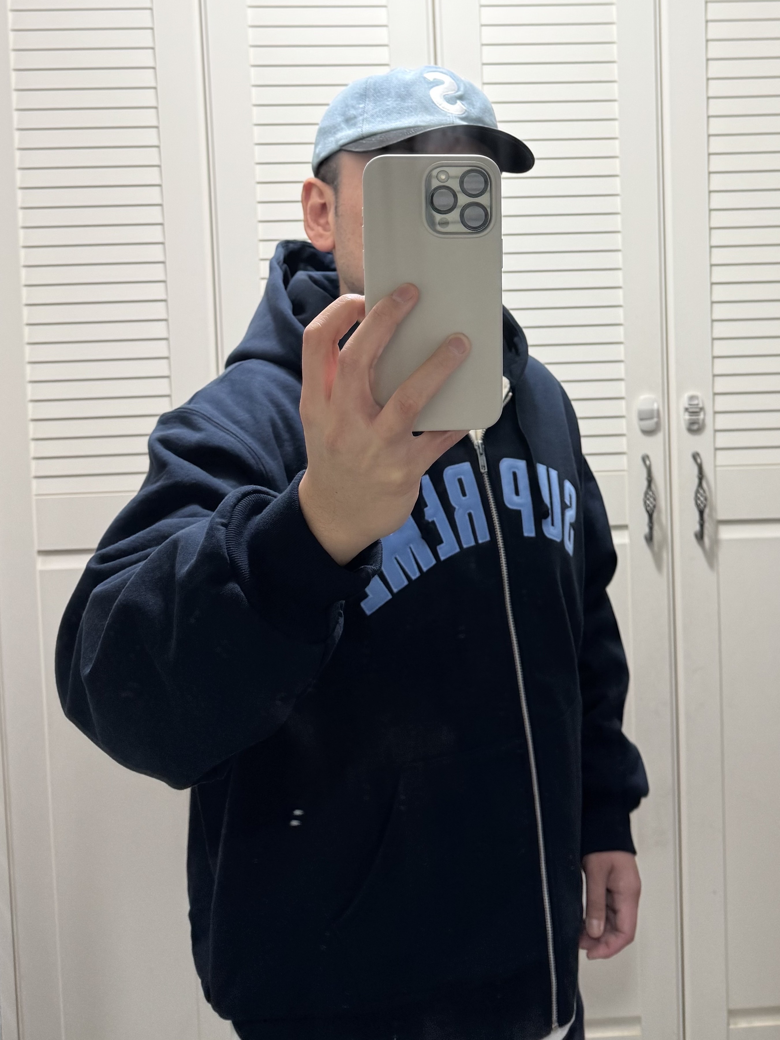 Supreme Arc Thermal Lined Zip Up Hooded Sweatshirt Navy - 25FW 착용 스타일