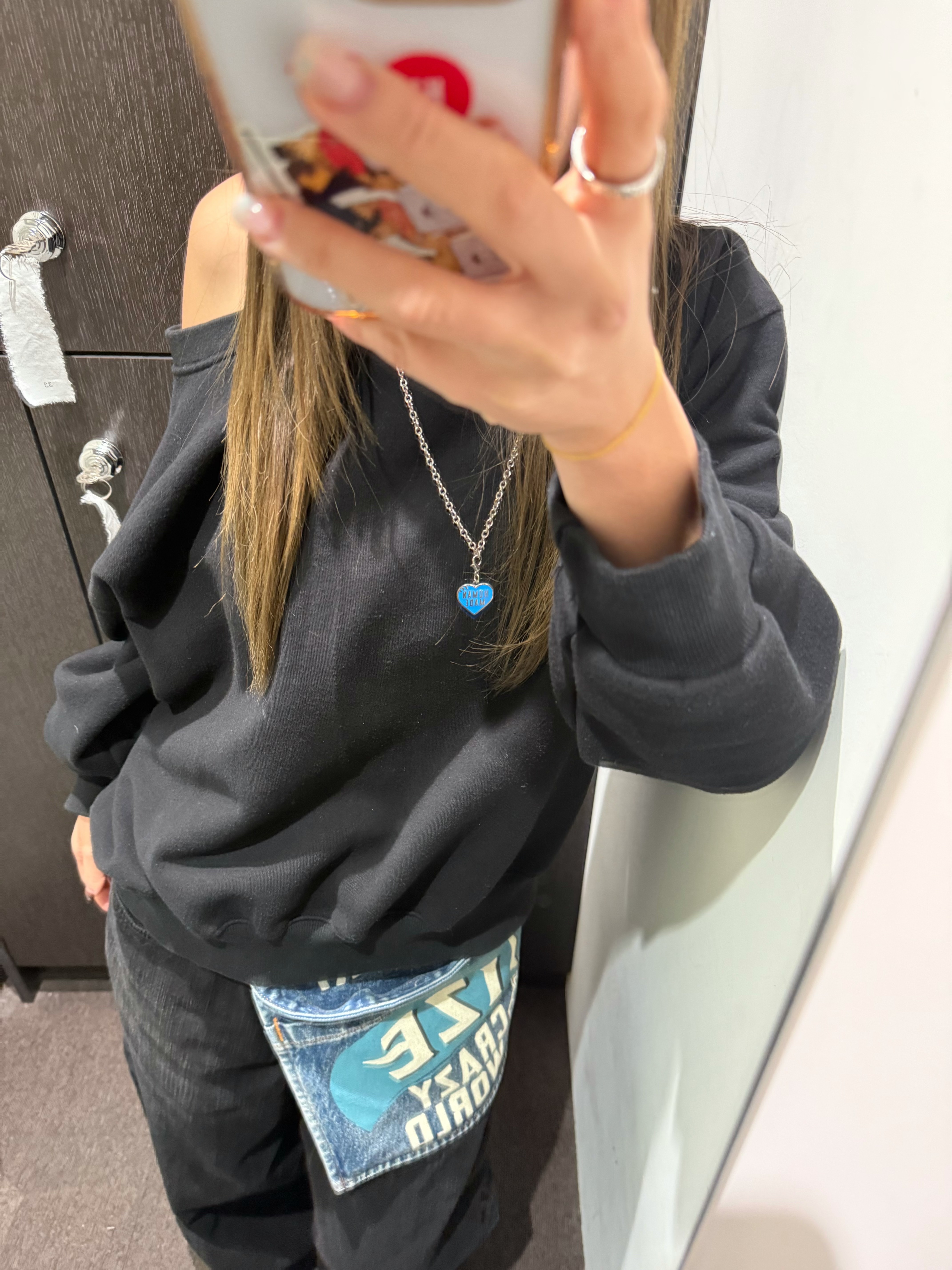 Kapital 13 oz. Denim Distressed Short Apron Kapsize Rule Processing, Human Made Five Heart Necklace Silver 착용 스타일