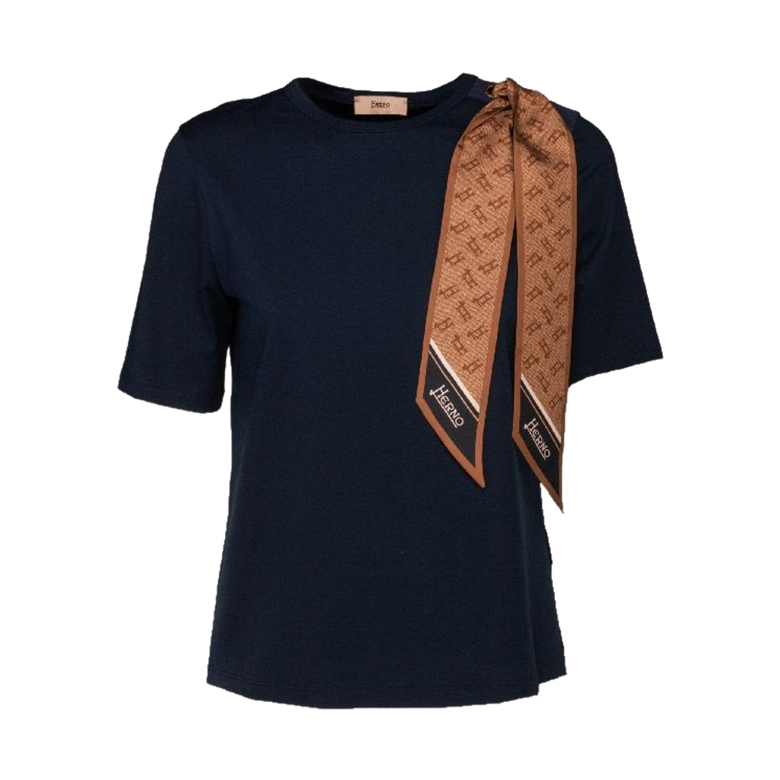(W) 에르노 스카프 디테일 코튼 티셔츠 네이비 블루((W) Herno Scarf Detail Cotton T-Shirt Navy Blue)