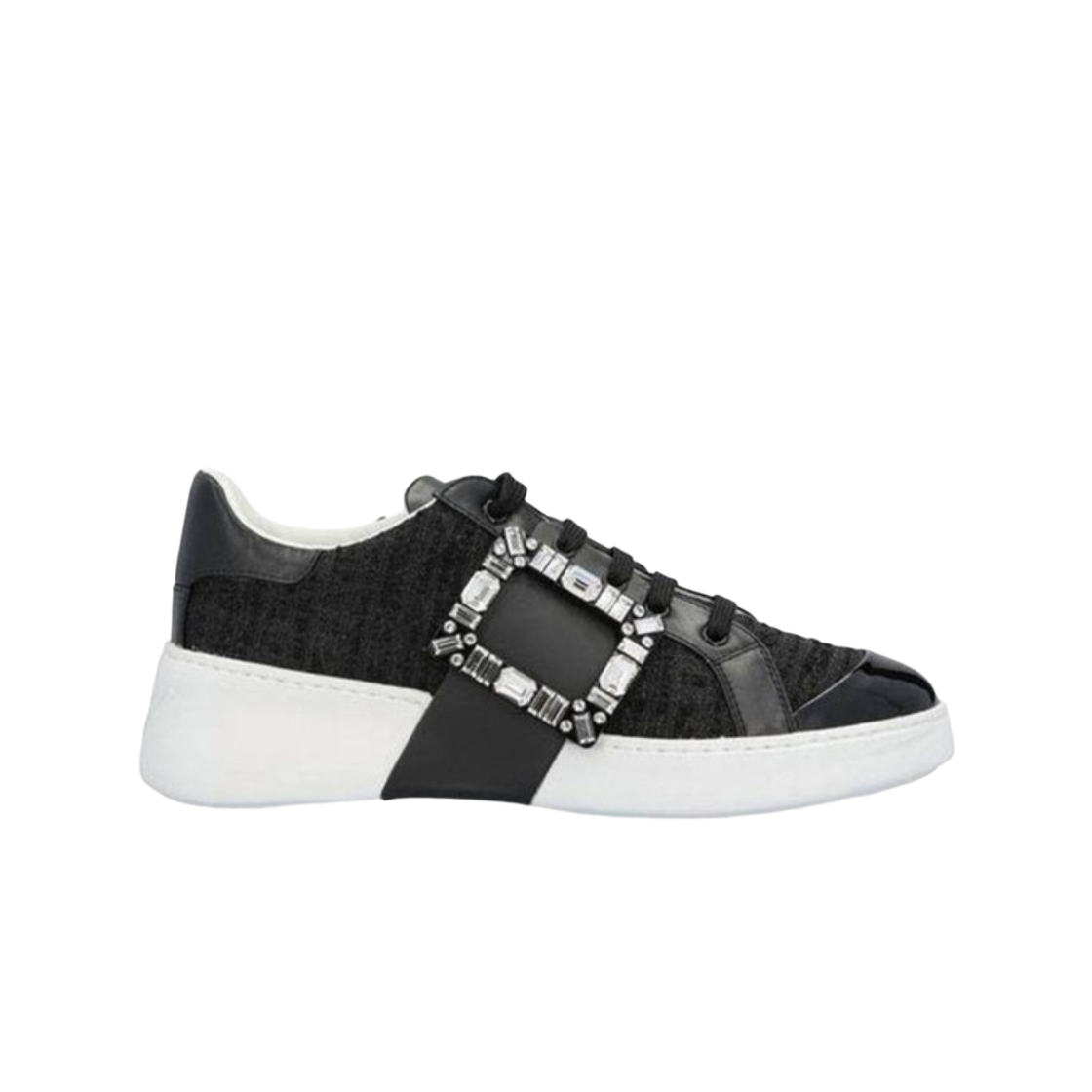 (W) 로저 비비에 스케이트 스트라스 버클 레더 트위드 스니커즈 블랙((W) Roger Vivier Skate Strass Buckle Leather Tweed Sneakers Black)