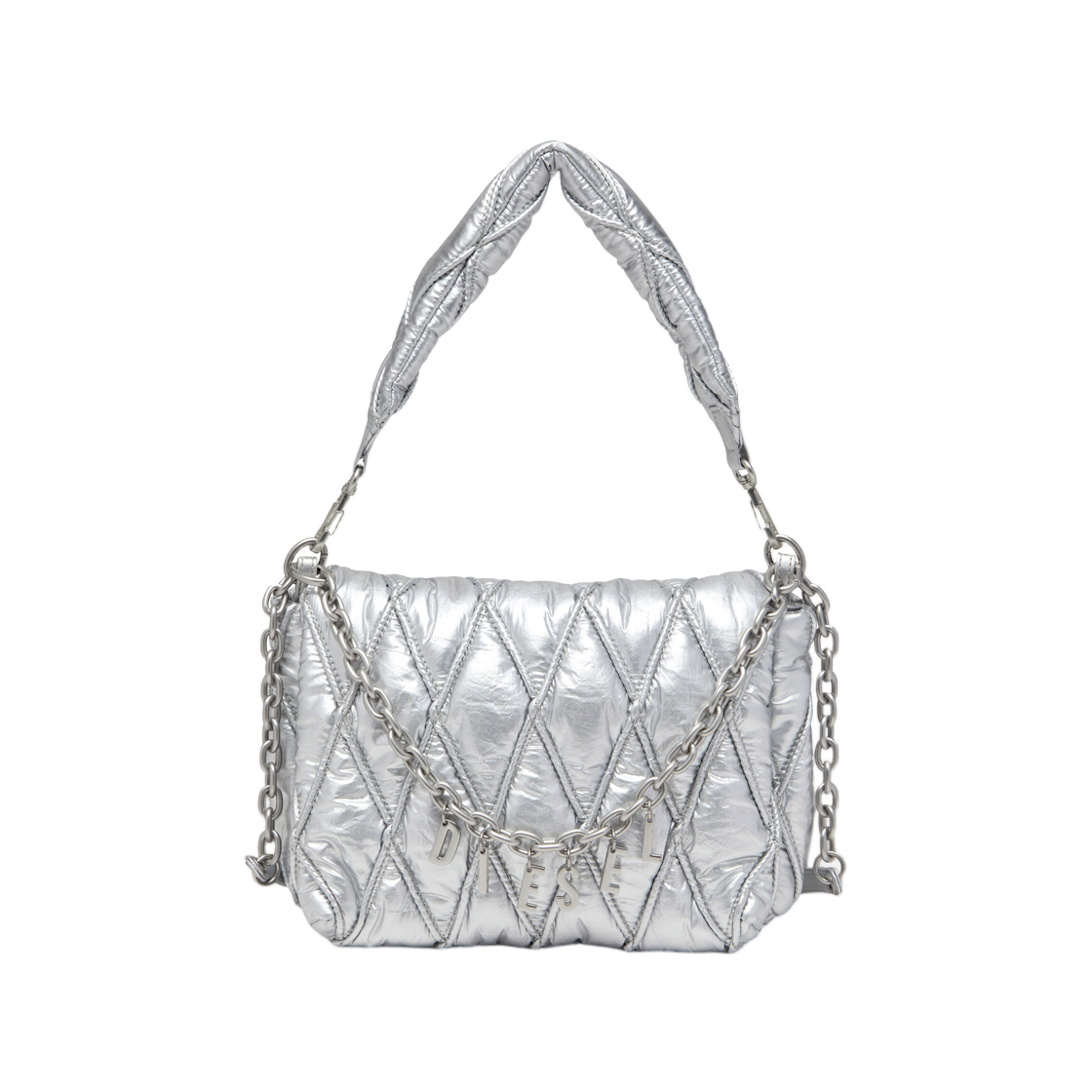 디젤 참-D M-숄더백 퀼티드 메탈릭 나일론 실버(Diesel Charm-D M-Shoulder Bag In Quilted Metallic Nylon Silver)