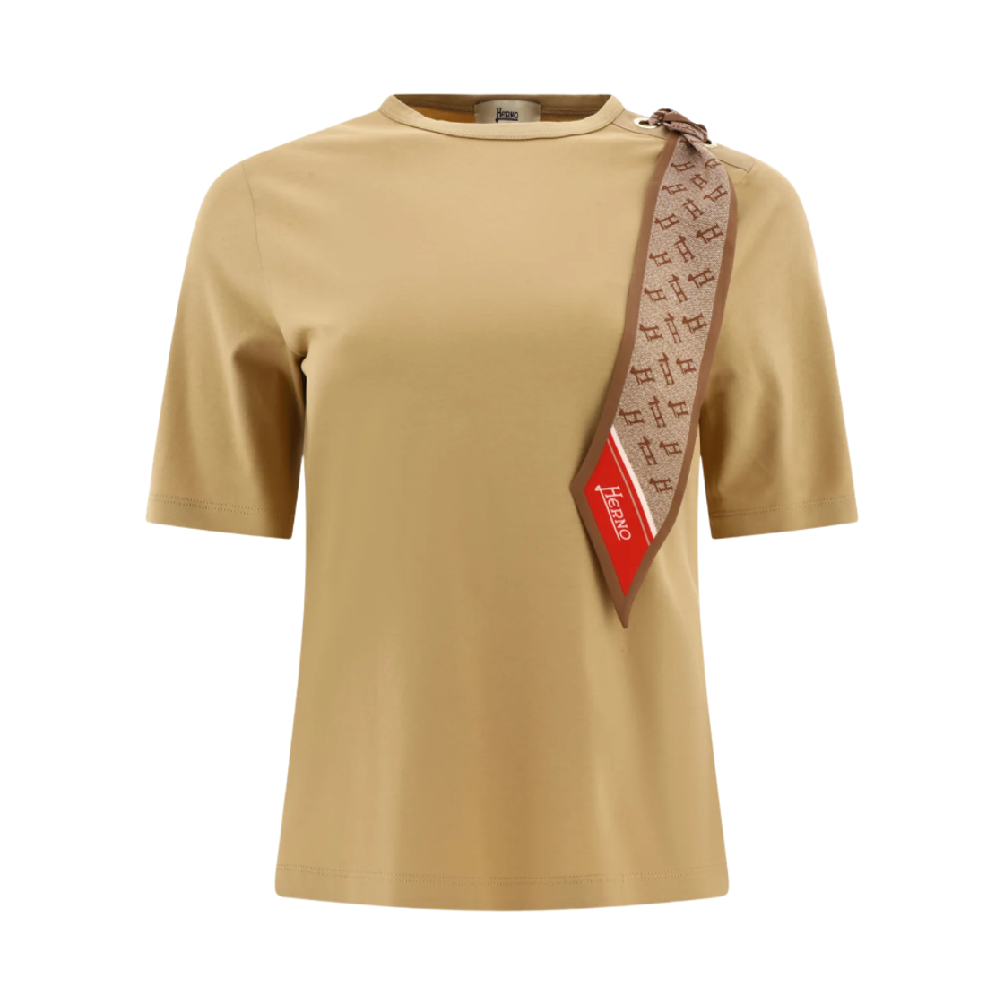 (W) 에르노 스카프 디테일 코튼 티셔츠 샌드((W) Herno Scarf Detail Cotton T-Shirt Sand)