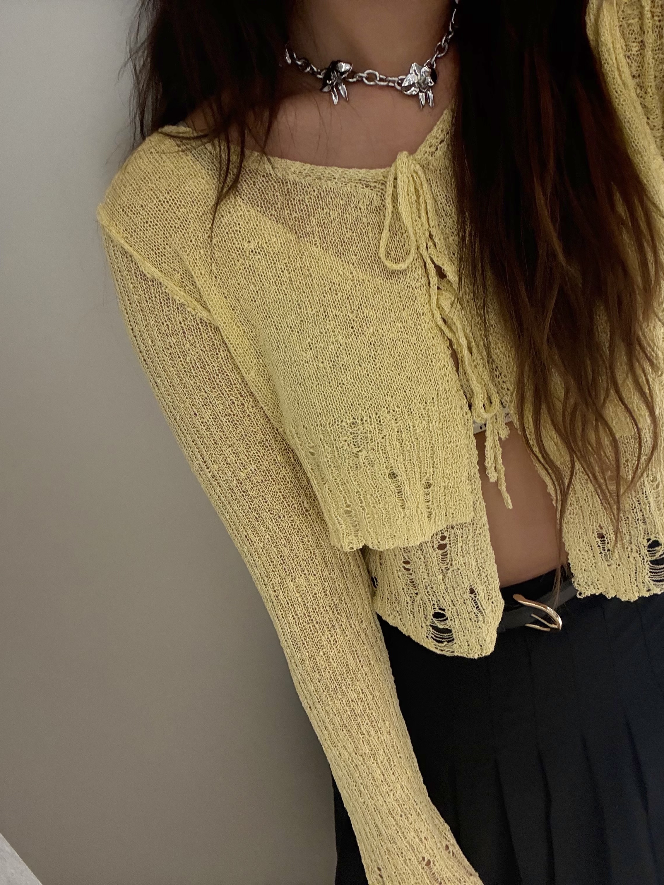 Perverze Women Double Sheer Cardigan Cream - 25SS 착용 스타일 - 9