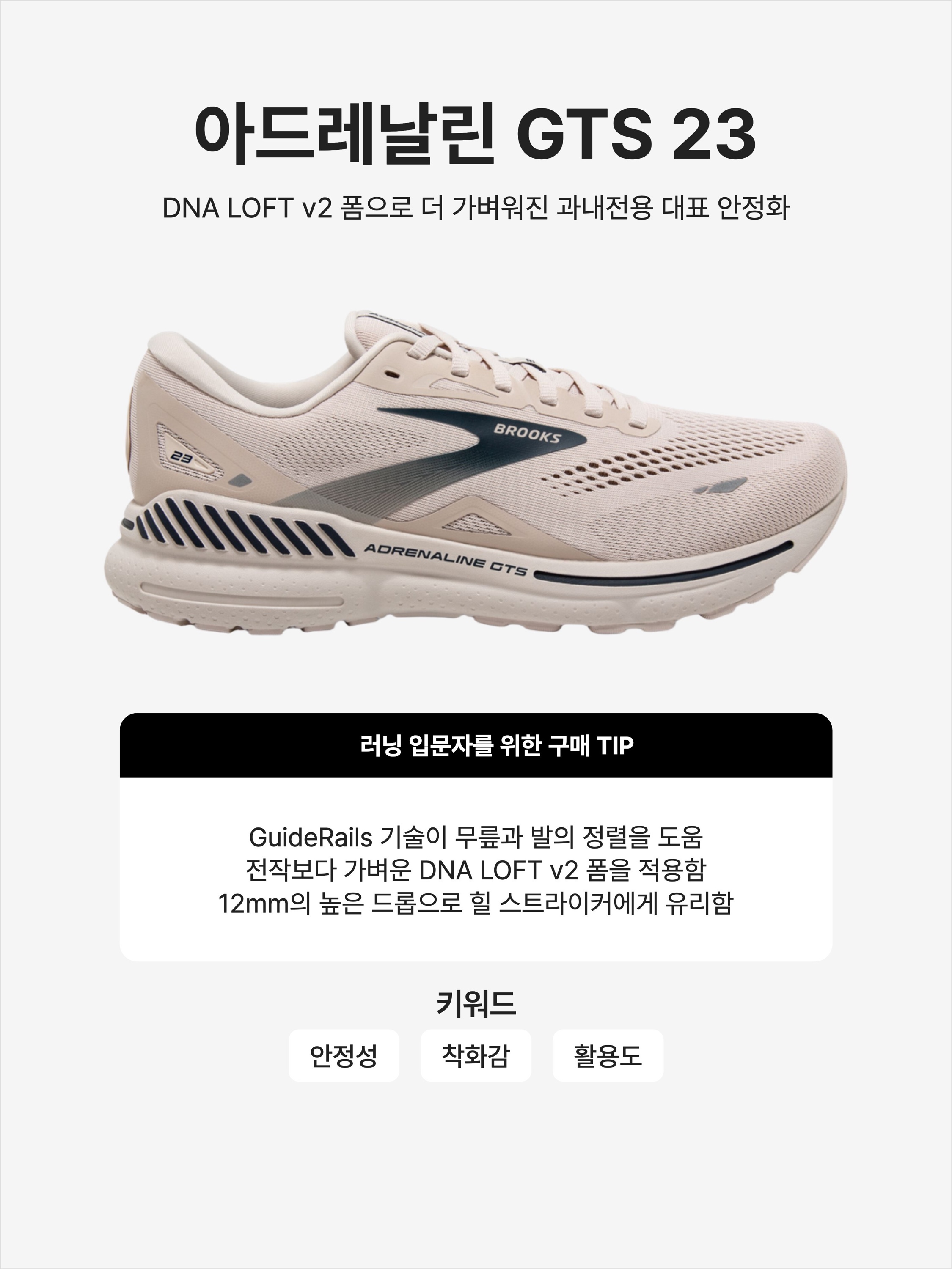 Brooks Running Adrenaline GTS 23 Crystal Grey - D Medium, Brooks Running Adrenaline GTS 23 Black - 2E Wide 착용 스타일 - 1