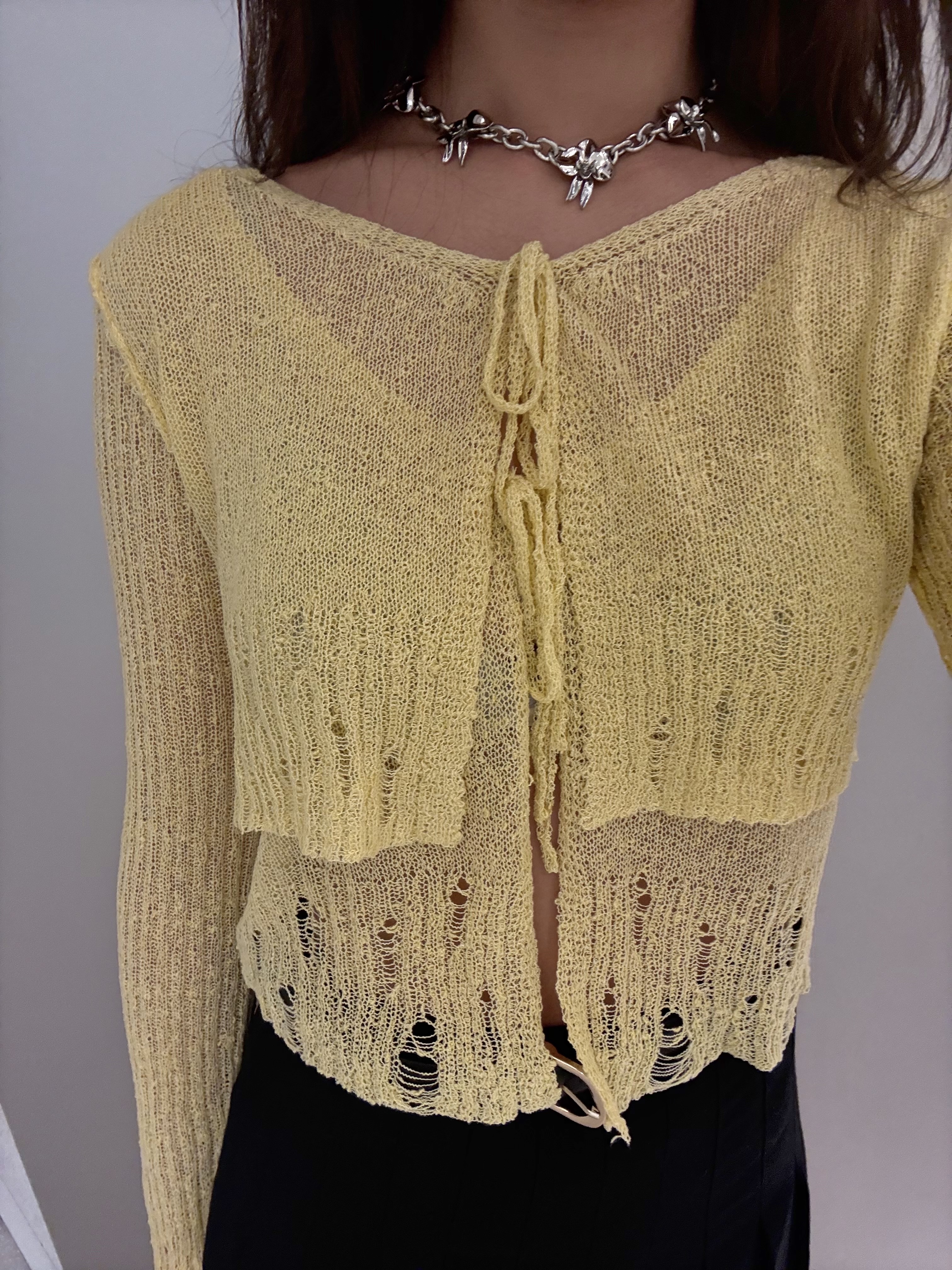 Perverze Women Double Sheer Cardigan Cream - 25SS 착용 스타일 - 10