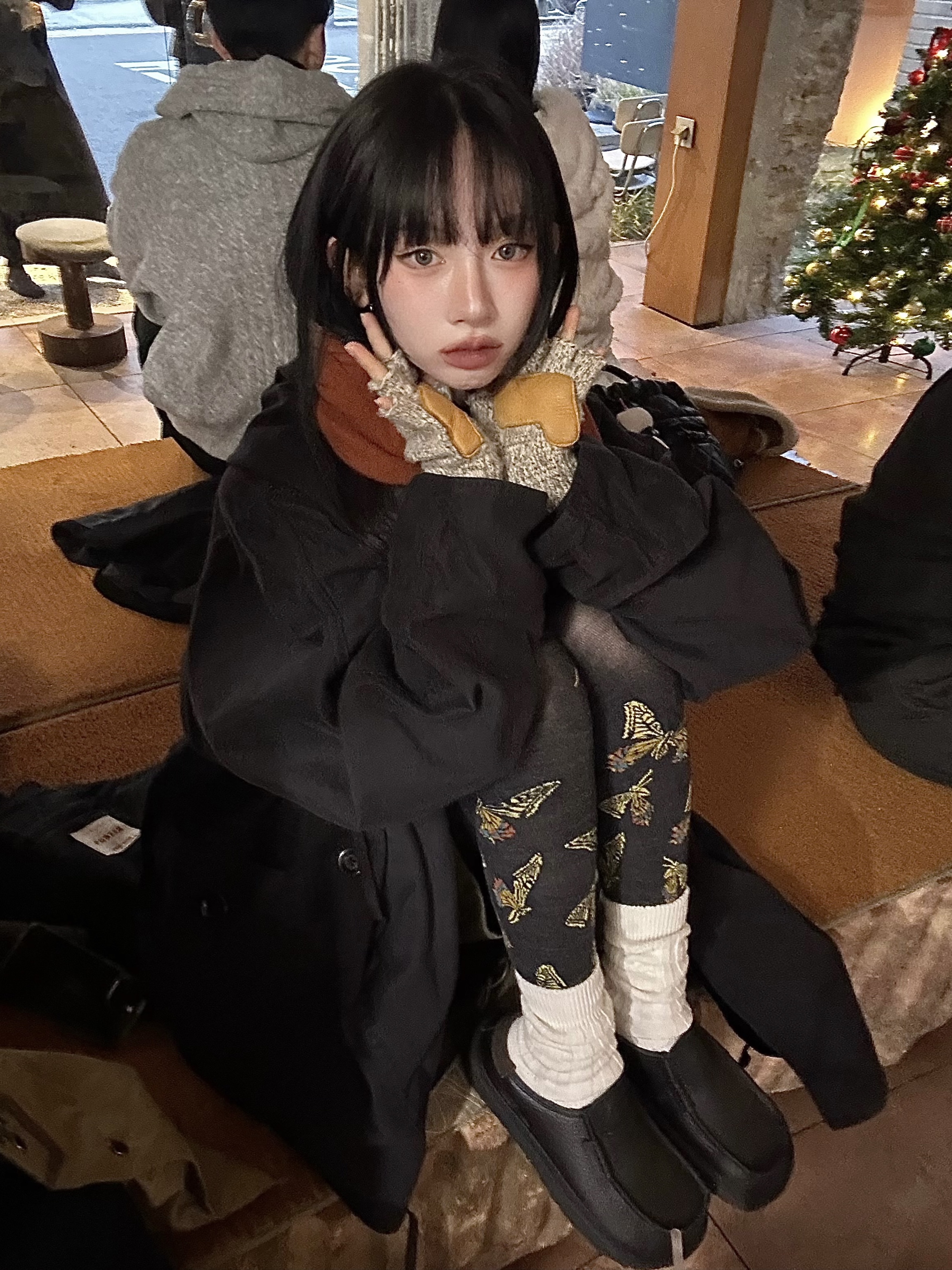 Kapital 200 Strand Wool Butterfly Leggings Black, Kapital Katsuragi Brushed Ring Coat Black 착용 스타일 - 2