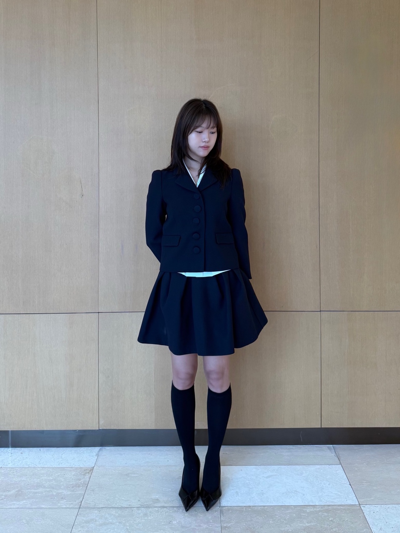 Shushu/Tong Women Lapel Short Jacket Navy Blue - 25FW 착용 스타일 - 2