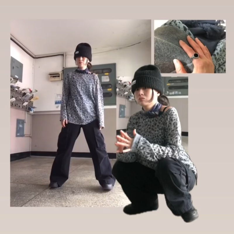 SOMSOC Ven Leopard Knit Sweater Grey 착용 스타일