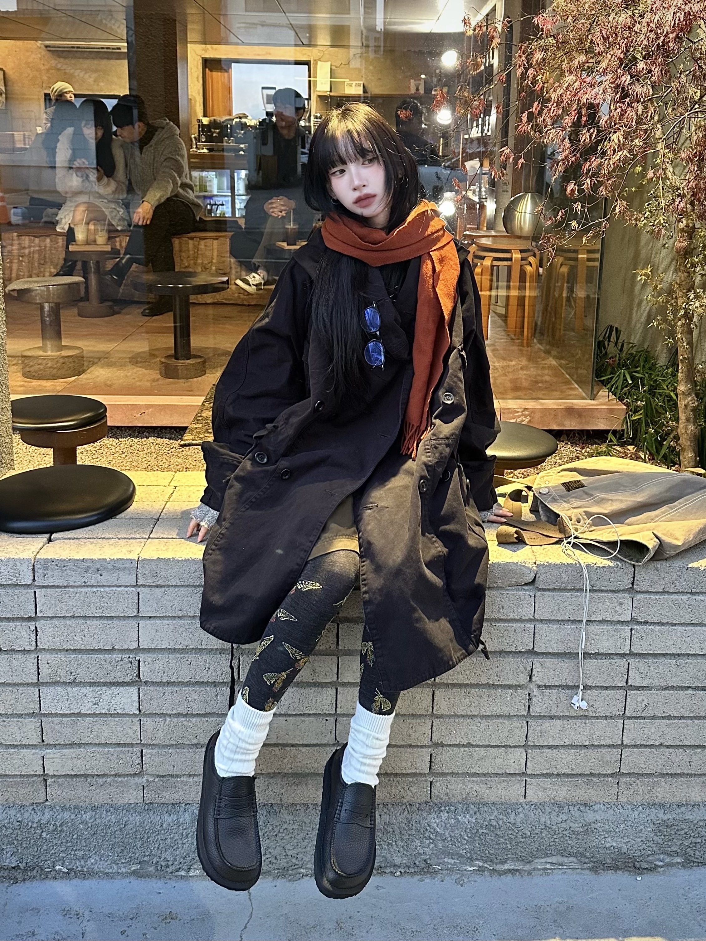 Kapital 200 Strand Wool Butterfly Leggings Black, Kapital Katsuragi Brushed Ring Coat Black 착용 스타일 - 1