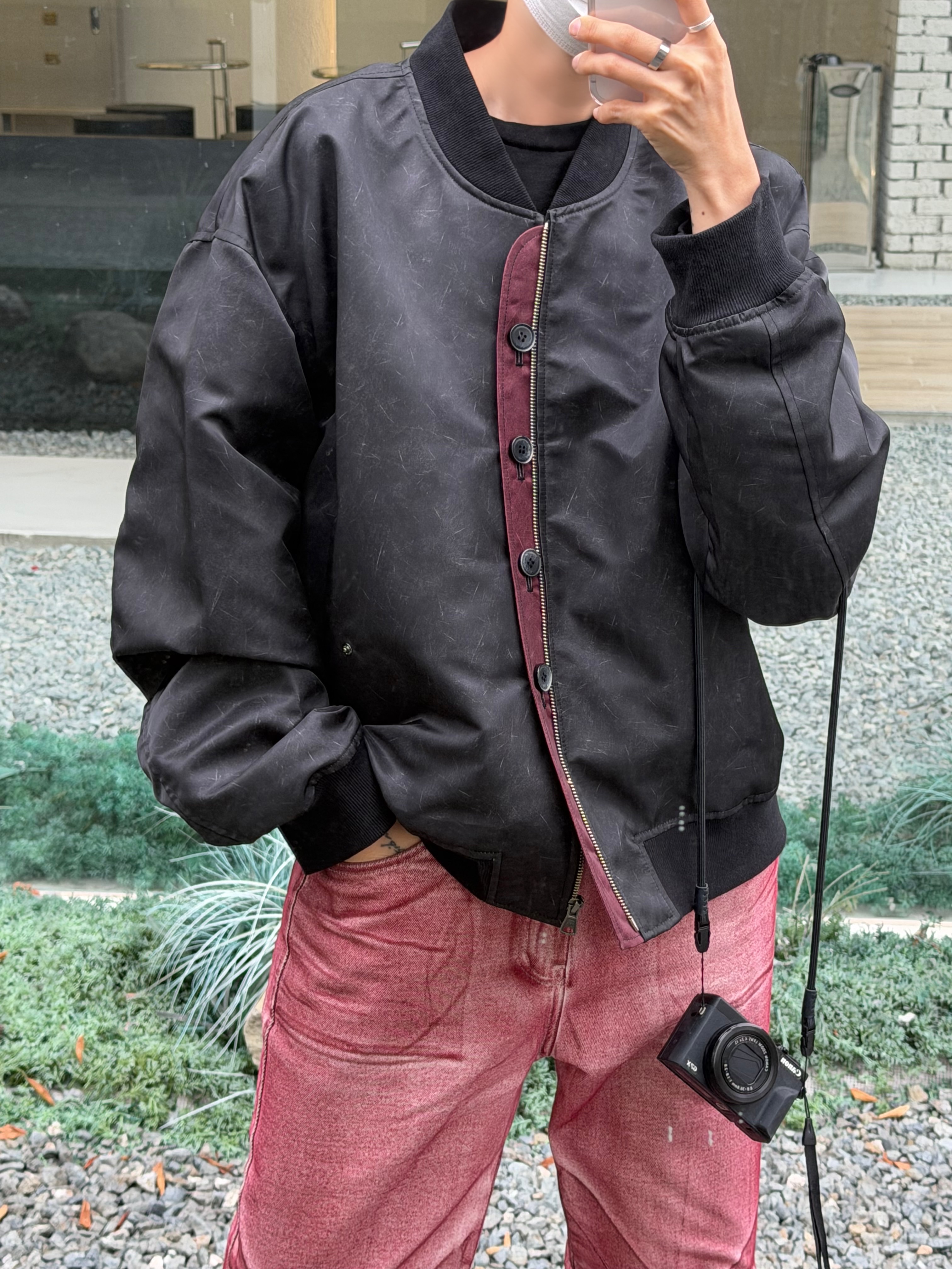 Hono Report 4 Button Bomber Jacket Scratch Black, Hono Report Leaf Bracelet 착용 스타일 - 8
