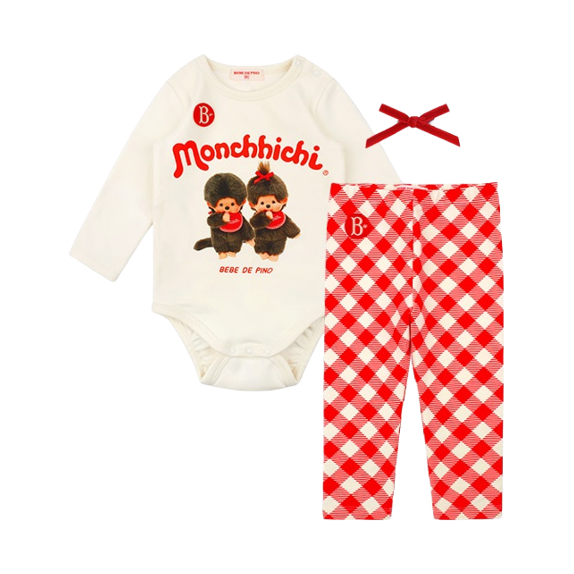 (키즈) 몬치치 x 베베드피노 바디수트 세트 아이보리((Kids) Monchhichi x Bebe De Pino Bodysuit Set Ivory)