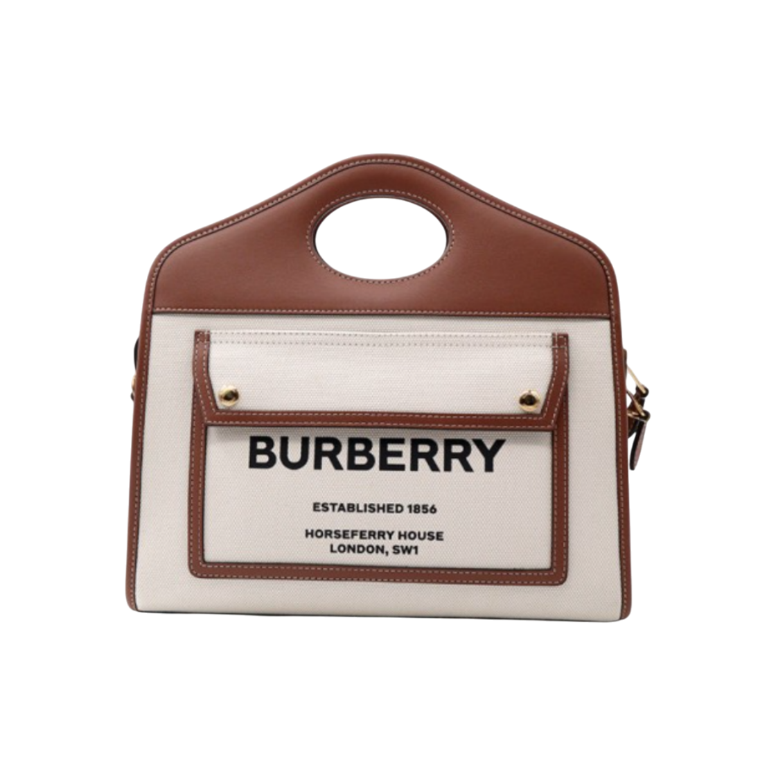 ITIPWKJBFDQS Burberry Natural Malt Brown Leather Two-Tone Canvas Small Pocket Tote 2-Way