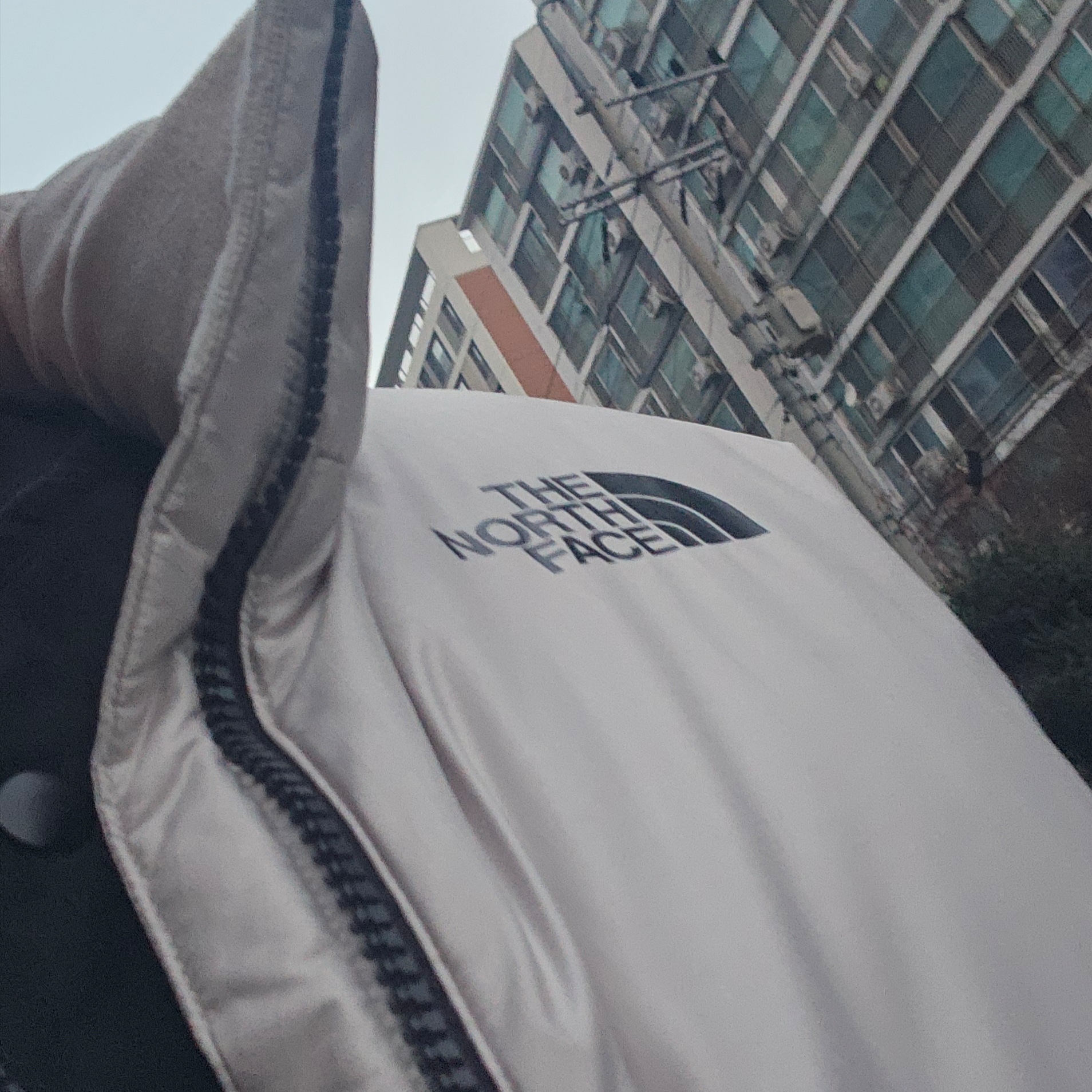 The North Face White Label Glossy Down Jacket White Sand 착용 스타일
