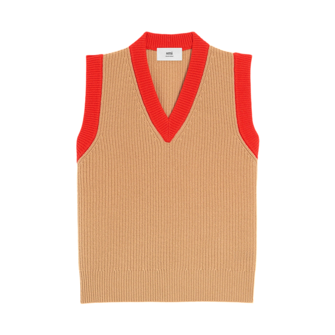 (W) AMI Brown Wool Sleeveless V Neck Sweater Camel Carmin Red - 1