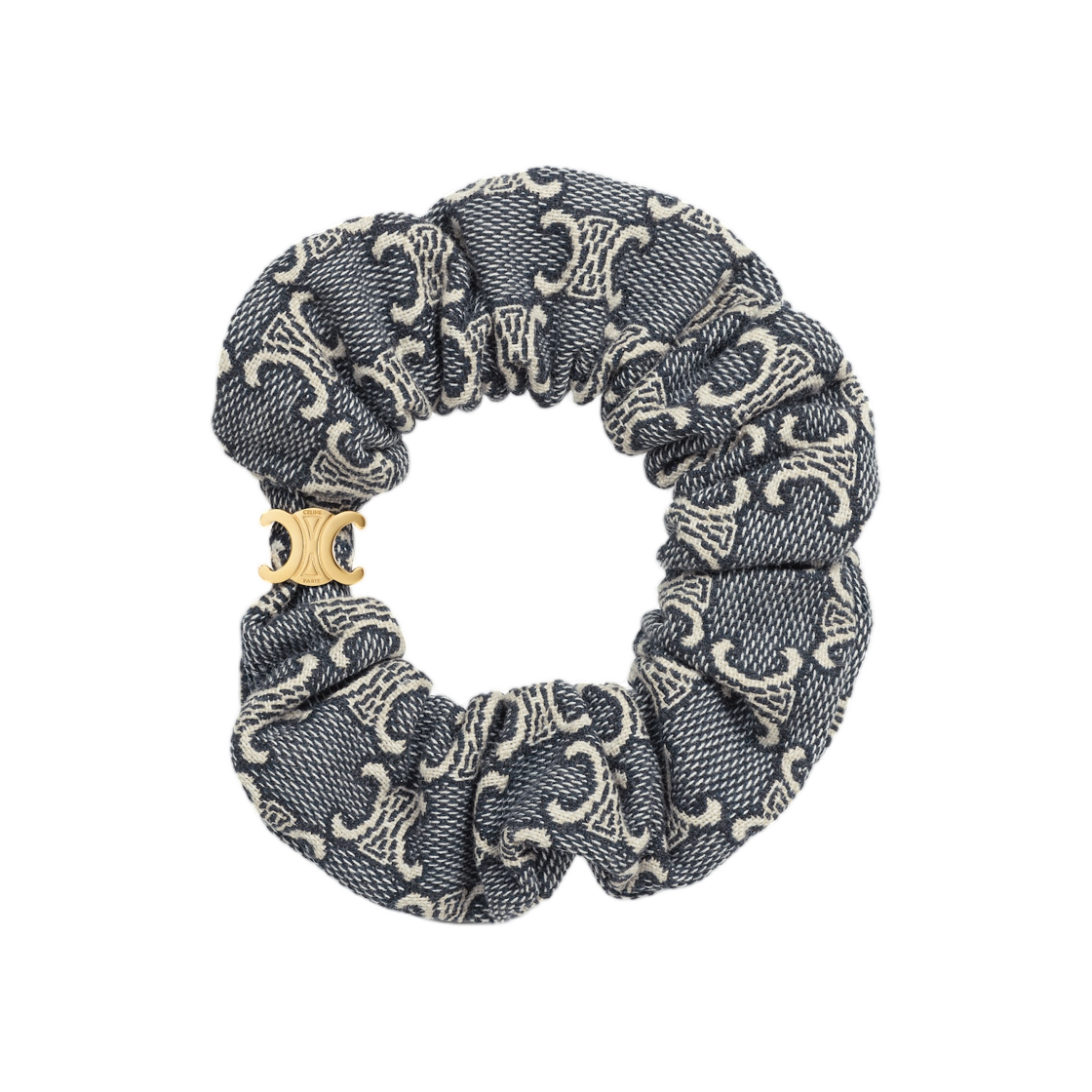 B103T2U93-GHE4 Celine Jacquard Triomphe Scrunchy In Cotton Polyester Polyamide and Brass with Gold Finish Navy Ecru Gold