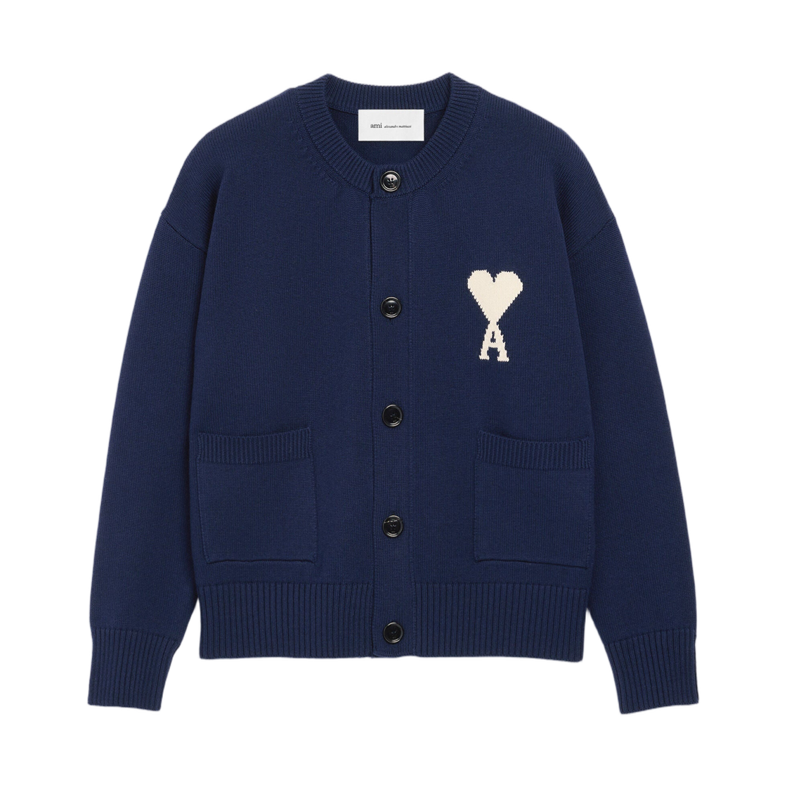 UKC381-KN0156-A116 (W) AMI Blue Wool Crewneck Ami De Coeur Cardigan Ink Off White