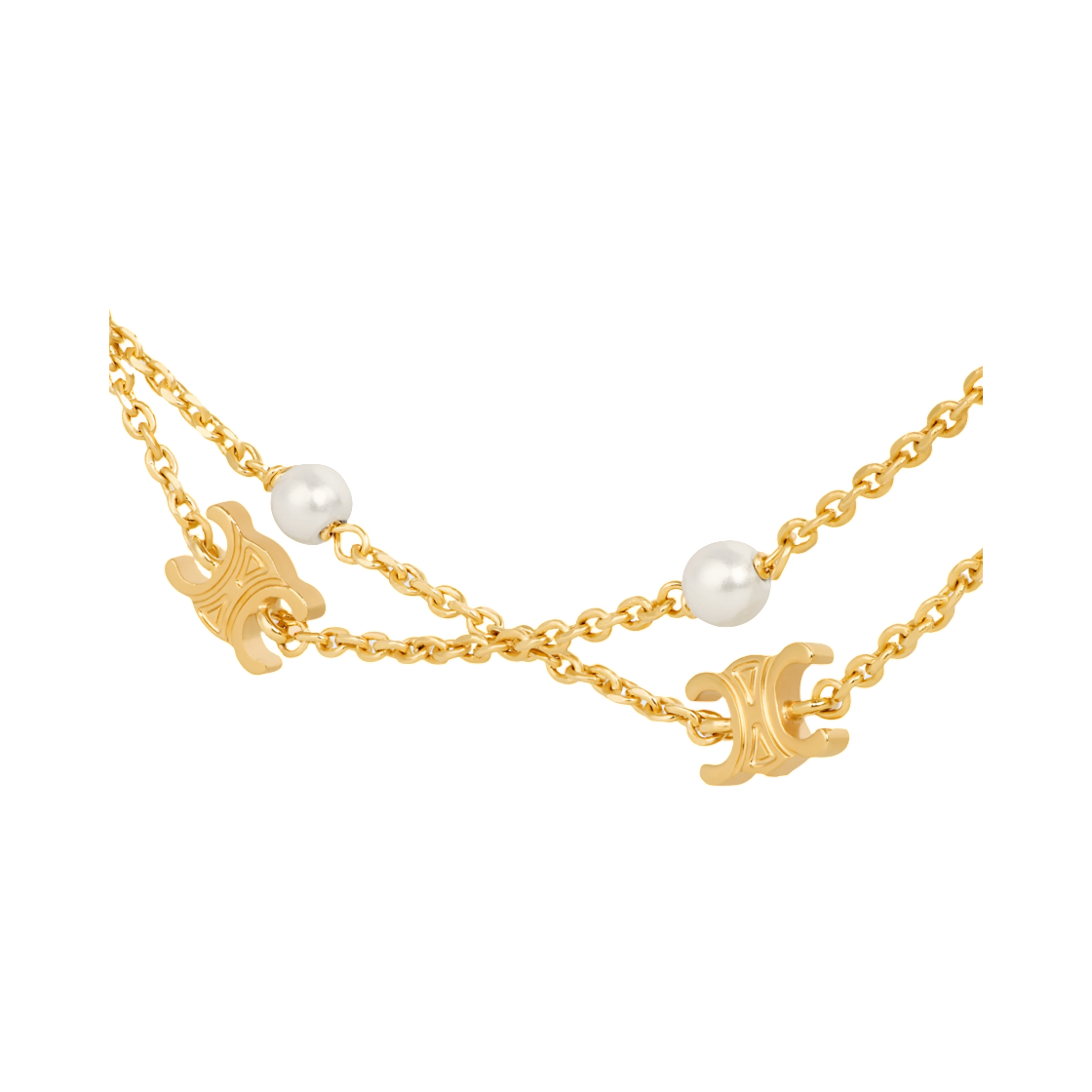 셀린느 트리옹프 펄 더블 네클리스 브래스 골드 피니쉬 앤 레진 펄 골드 아이보리(Celine Triomphe Pearl Double Necklace In Brass with Gold Finish and Resin Pearls Gold Ivory) - 2