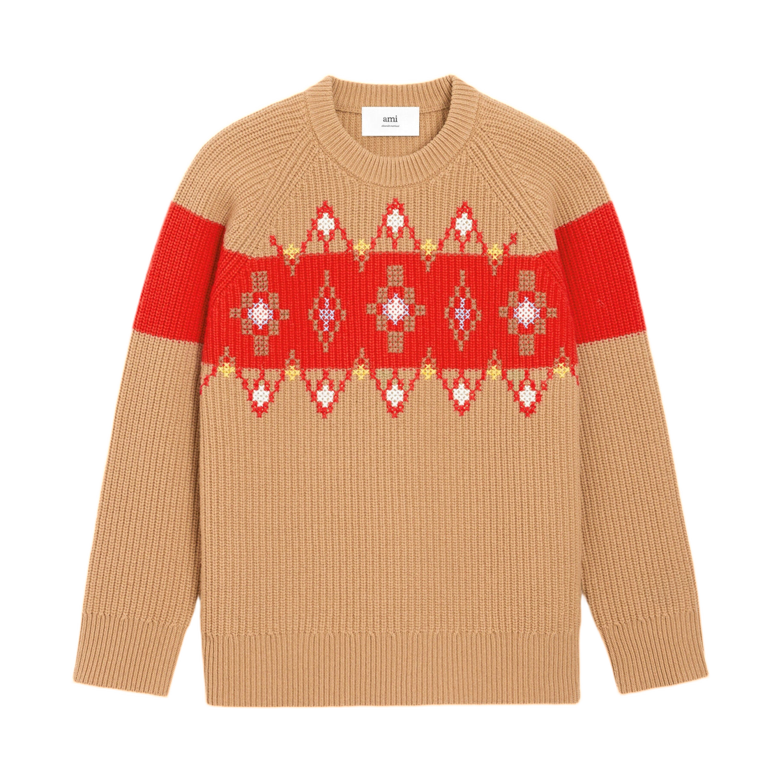 (W) 아미 브라운 울 라운드 칼라 크로스 스티치 스웨터 카멜 카민 레드((W) AMI Brown Wool Round Collar with Cross Stitch Sweater Camel Carmin Red) - 1