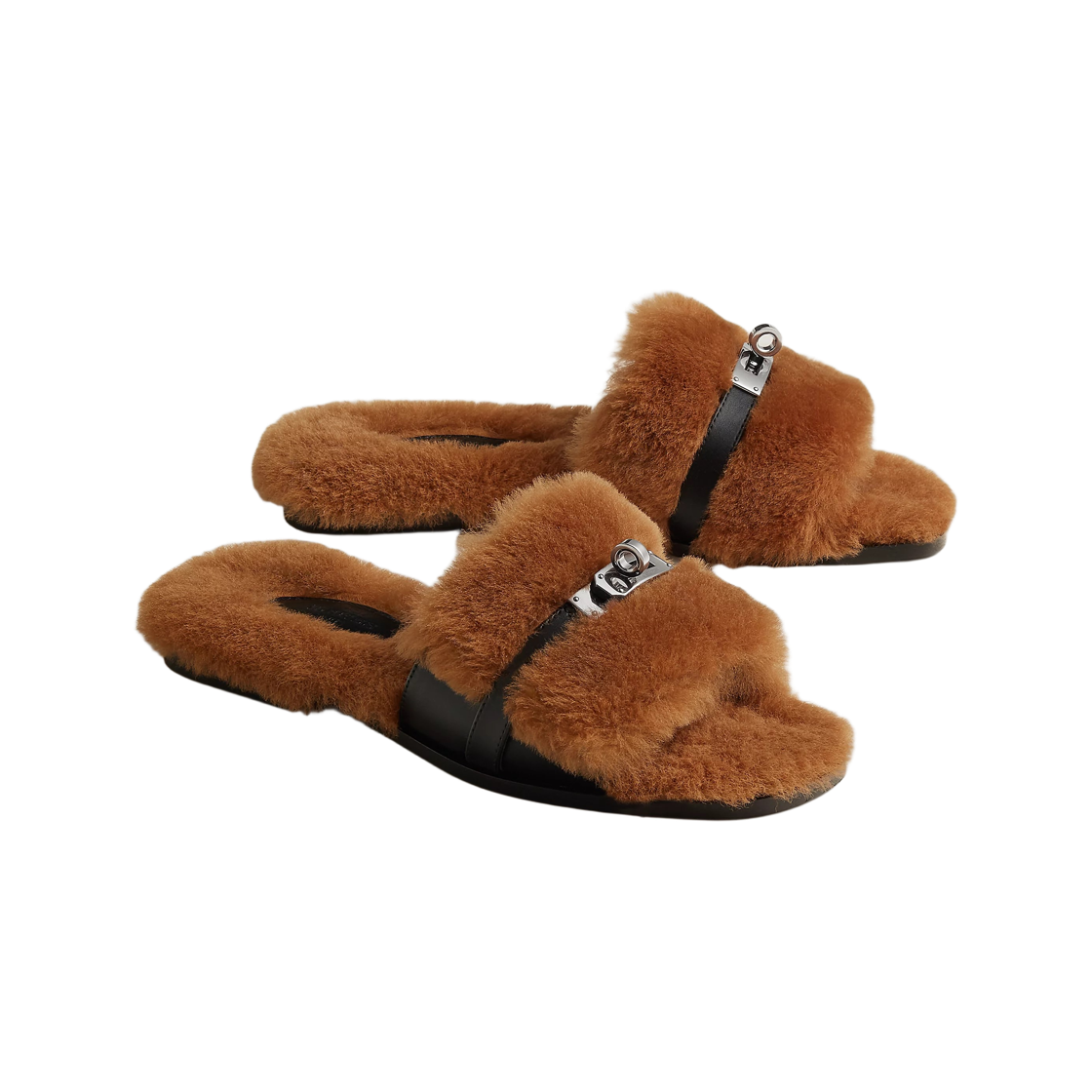 (W) 에르메스 줄리아 샌들 카프스킨 셔링 & 팔라듐 하드웨어 나뛰렐 누아((W) Hermes Giulia Sandal Calfskin Shearling & Palladium Naturel Noir) - 2