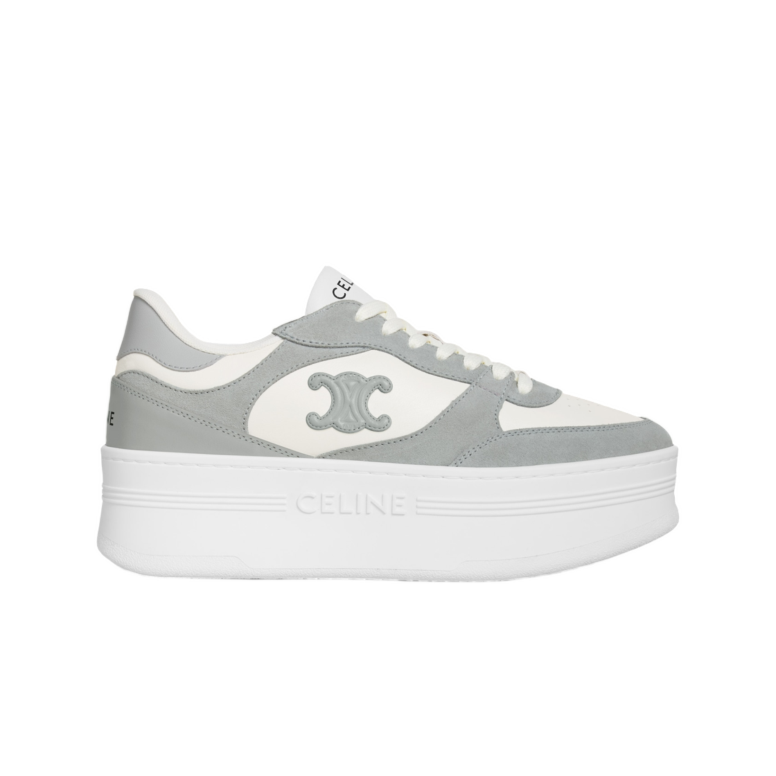 366475322C-01DQ (W) Celine Block Wedge Sneaker with Triomphe Patch In Calfskin and Suede Calfskin Optic White Grey