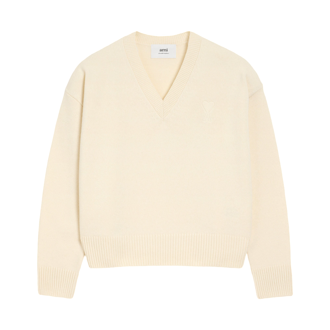 (W) 아미 화이트 울 아미 드 하트 브이넥 스웨터 아이보리((W) AMI White Wool Ami De Coeur V Neck Sweater Ivory) - 1