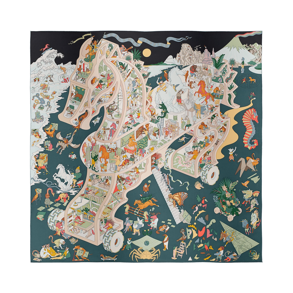 H004281S09 (W) Hermes Academia Hippica Scarf 90 & Noir Ardoise Rose Poudre