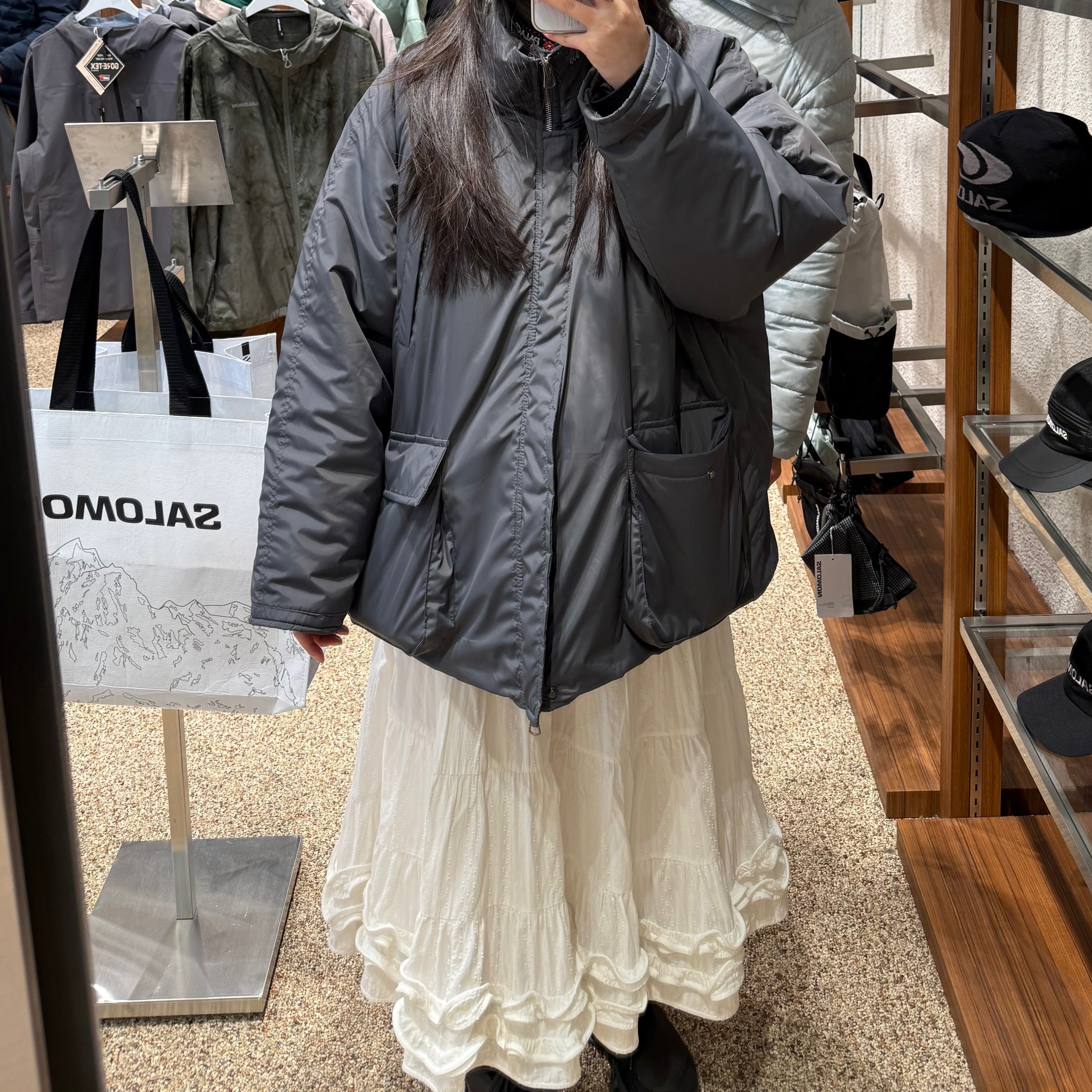 Kookeesee Nylon Frill Cancan Long Skirt White 착용 스타일