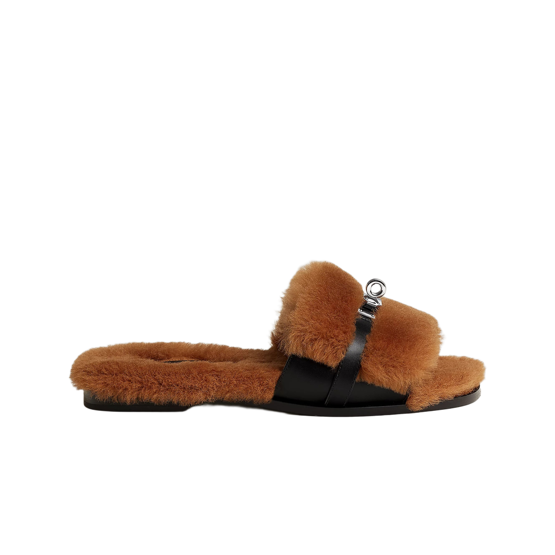 H252156ZA3 (W) Hermes Giulia Sandal Calfskin Shearling & Palladium Naturel Noir