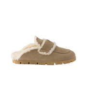 (W) Prada Suede and Shearling Mules Desert Beige
