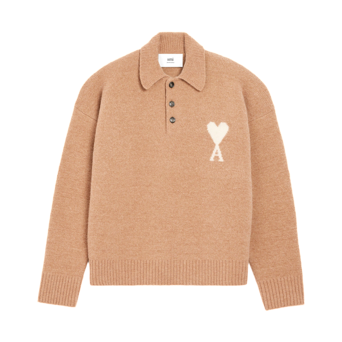 (W) 아미 브라운 알파카 아미 드 하트 폴로 카멜 오프 화이트((W) AMI Brown Alpaca Ami De Coeur Polo Camel Off White) - 1