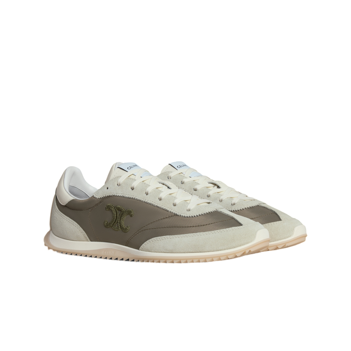 (W) 셀린느 레이서 로우 탑 스니커즈 나일론 스웨이드 카프스킨 앤 카프스킨 카키 그레이((W) Celine Racer Low Top Sneaker In Nylon Suede Calfskin and Calfskin Khaki Grey) - 2