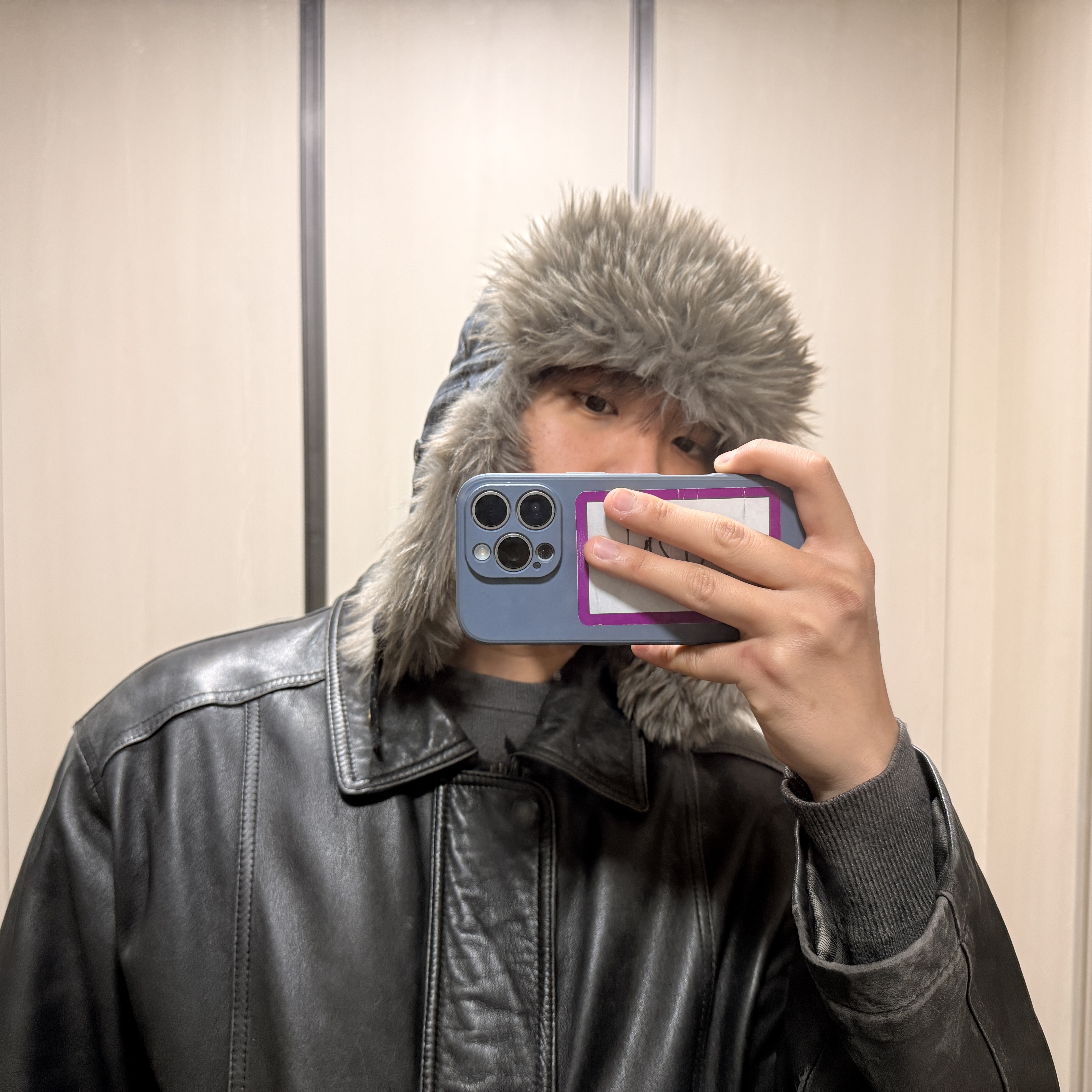 AEAE Fur Trooper Hat Check Blue 착용 스타일 - 1