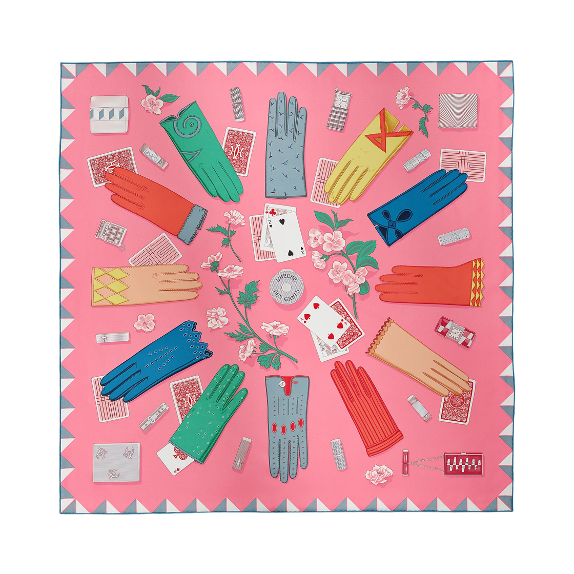 (W) 에르메스 뢰르 데 강 스카프 90 로즈 봉봉 베르 멀티꼴로르((W) Hermes L'Heure des Gants Scarf 90 Rose Bonbon Vert Multicolore) - 1