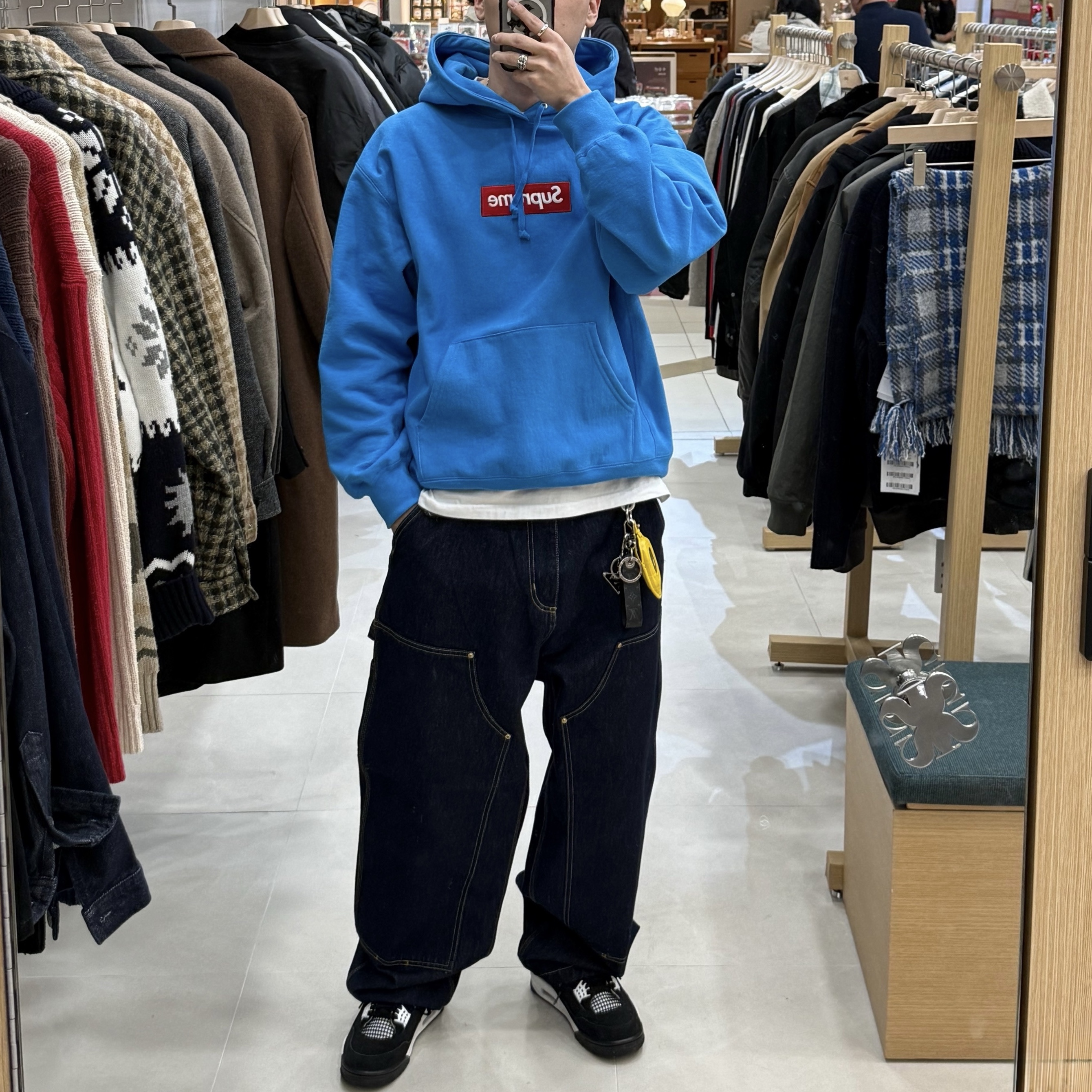 Supreme Box Logo Hooded Sweatshirt Cyan - 25FW, Carhartt WIP Nash Loose Fit Double Knee Pants Blue Rinsed 착용 스타일