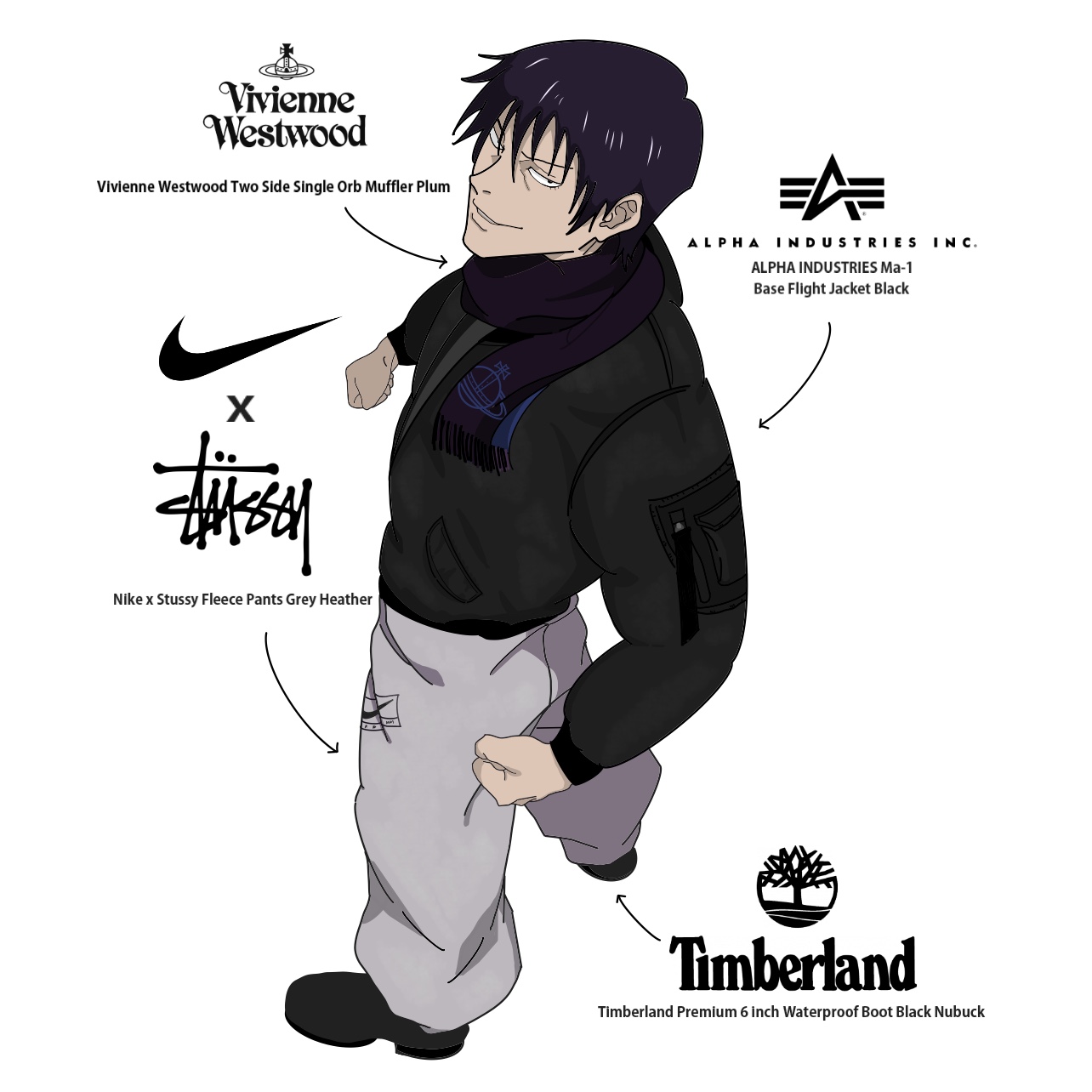 ALPHA INDUSTRIES Ma-1 Base Flight Jacket Black, Vivienne Westwood Two Side Single Orb Muffler Plum 착용 스타일 - 1