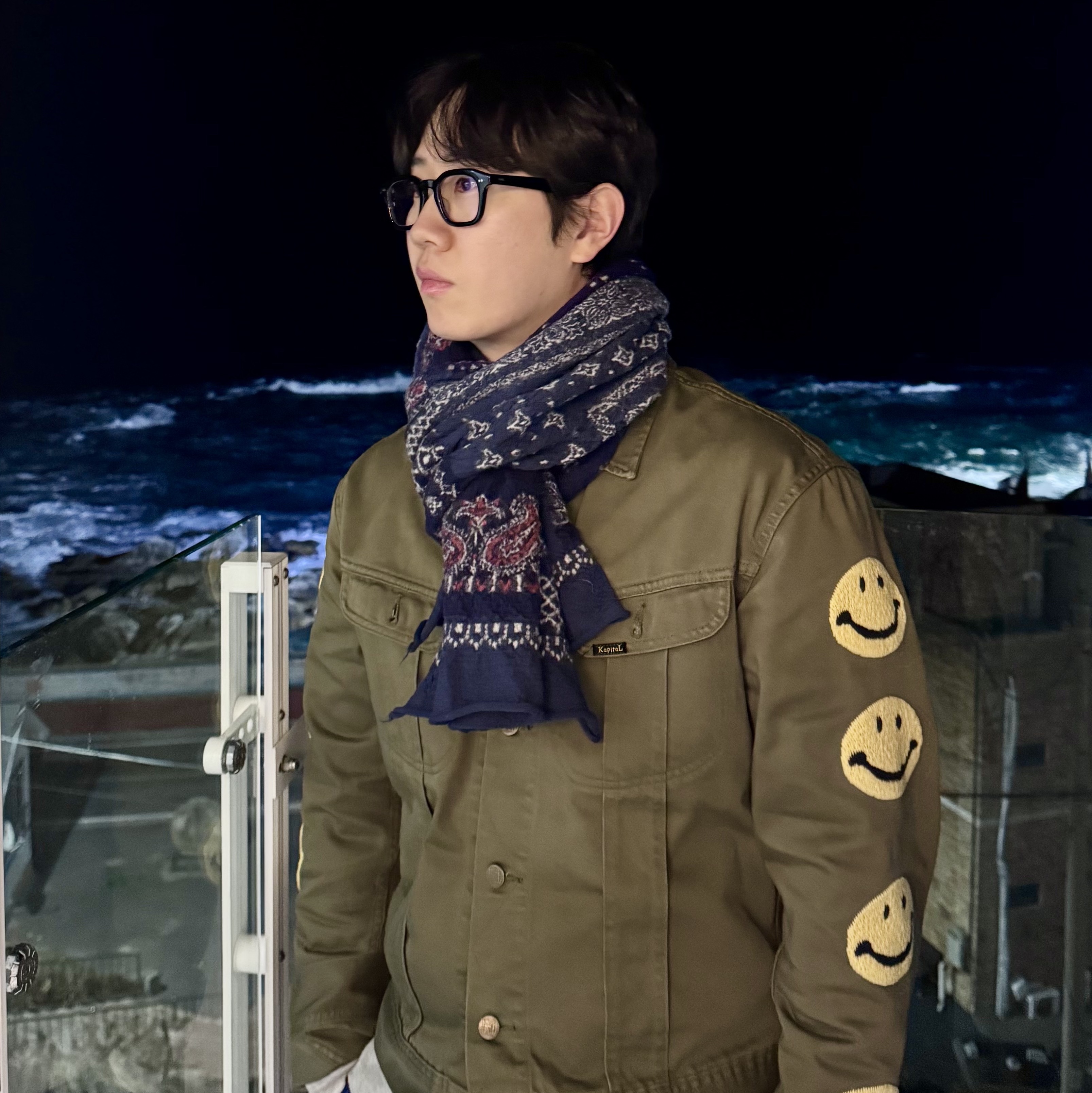 Kapital Felted Wool Bandana Patchwork Happy Scarf Navy, Kaneko Optical KC98 Black 착용 스타일